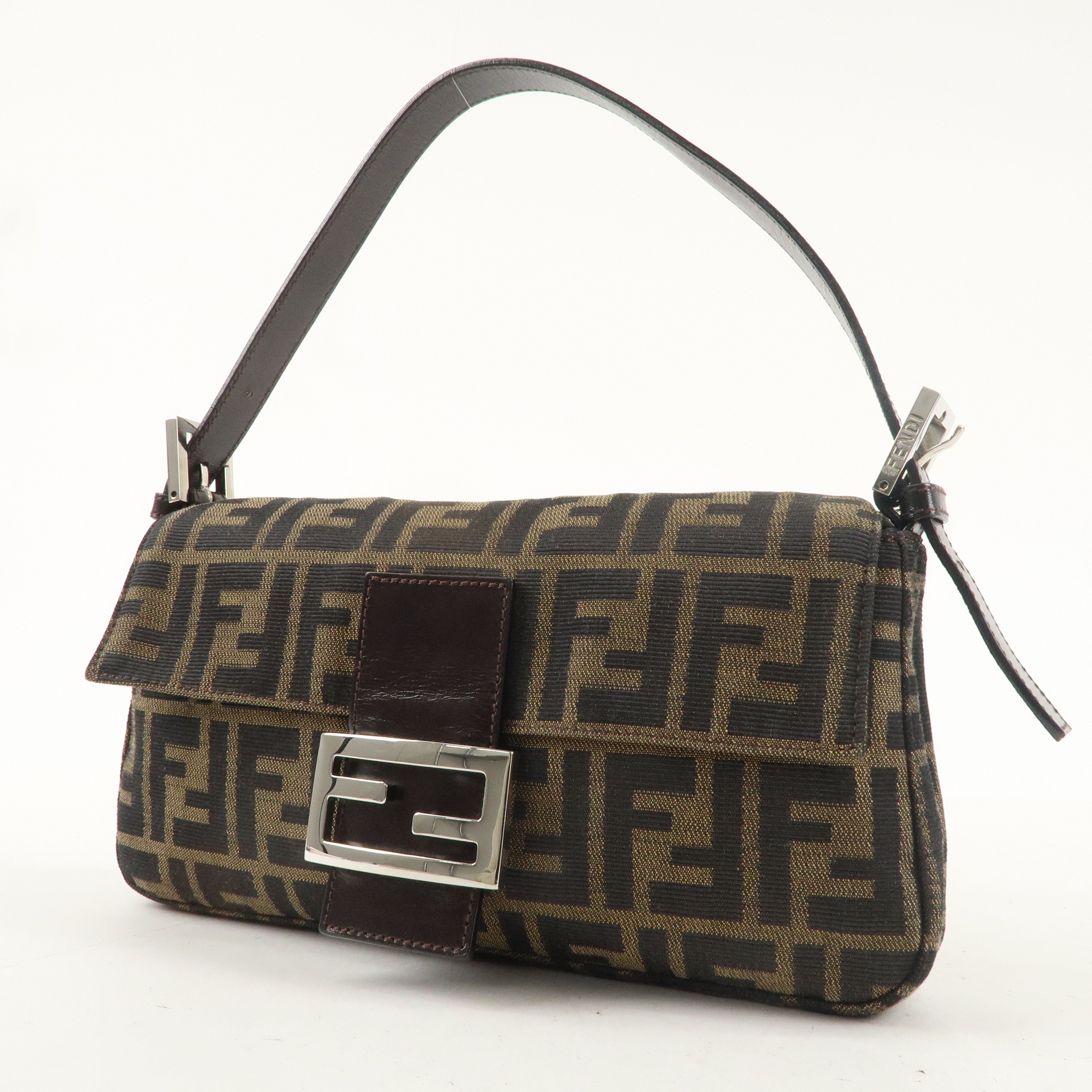 FENDI Mamma Baguette Canvas Leather Shoulder Bag Brown Black 26424