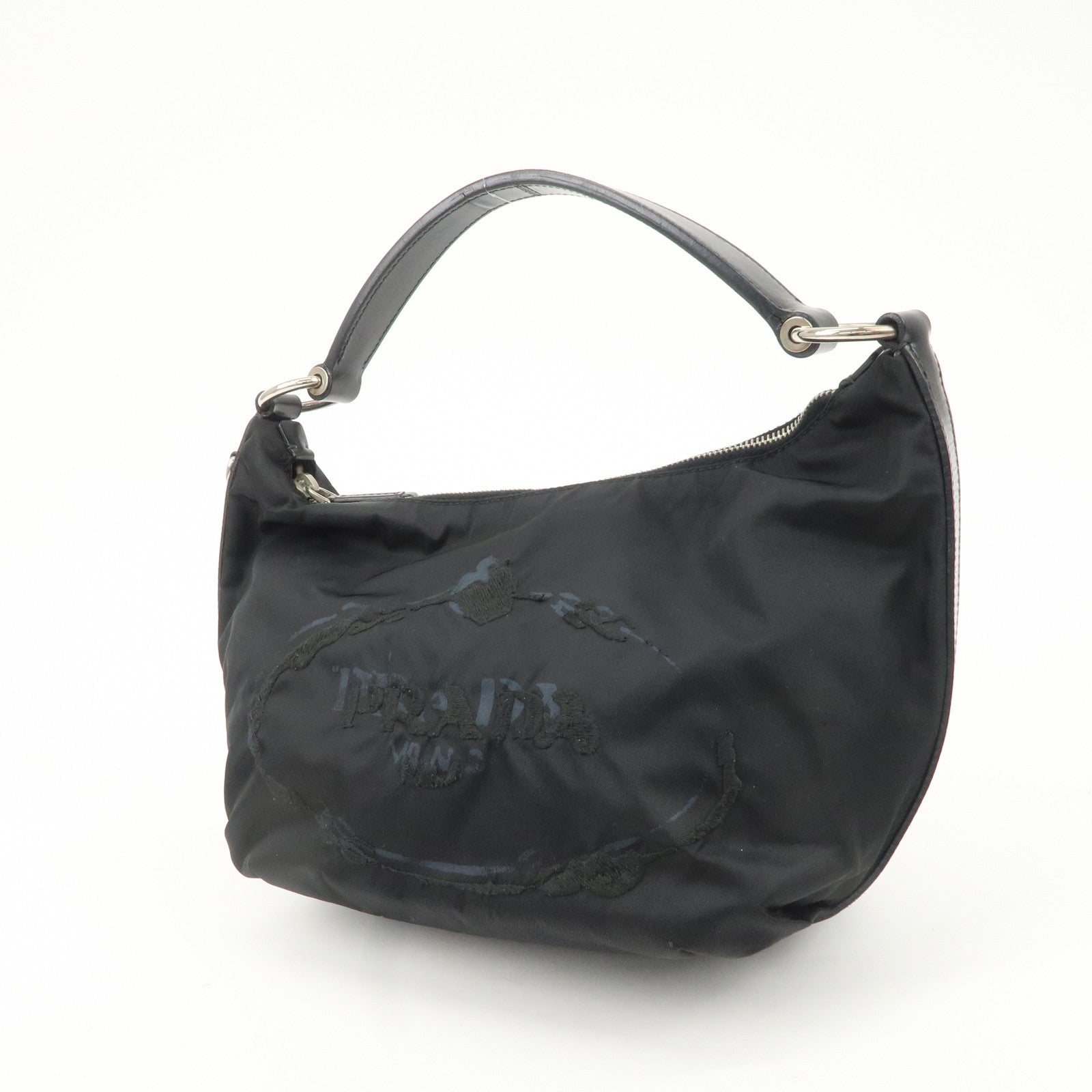 PRADA Nylon Leather Embroidery Shoulder Bag Hand Bag Black