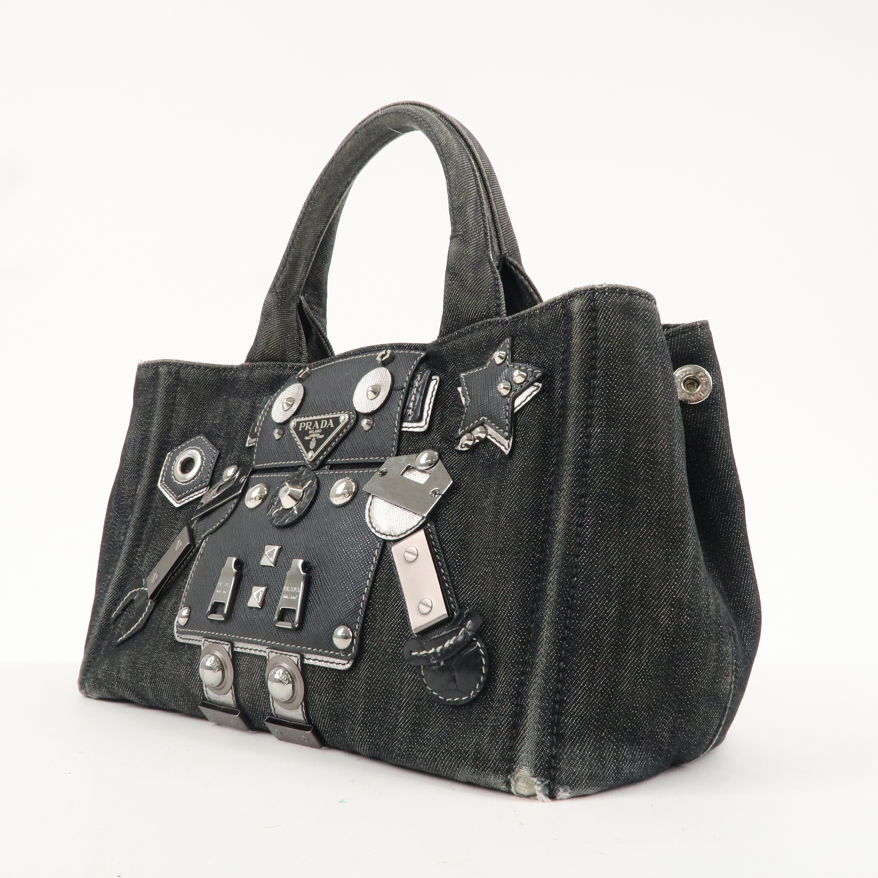 PRADA Logo Canapa Mini Denim Canvas Hand Bag Robot Black 1BG439