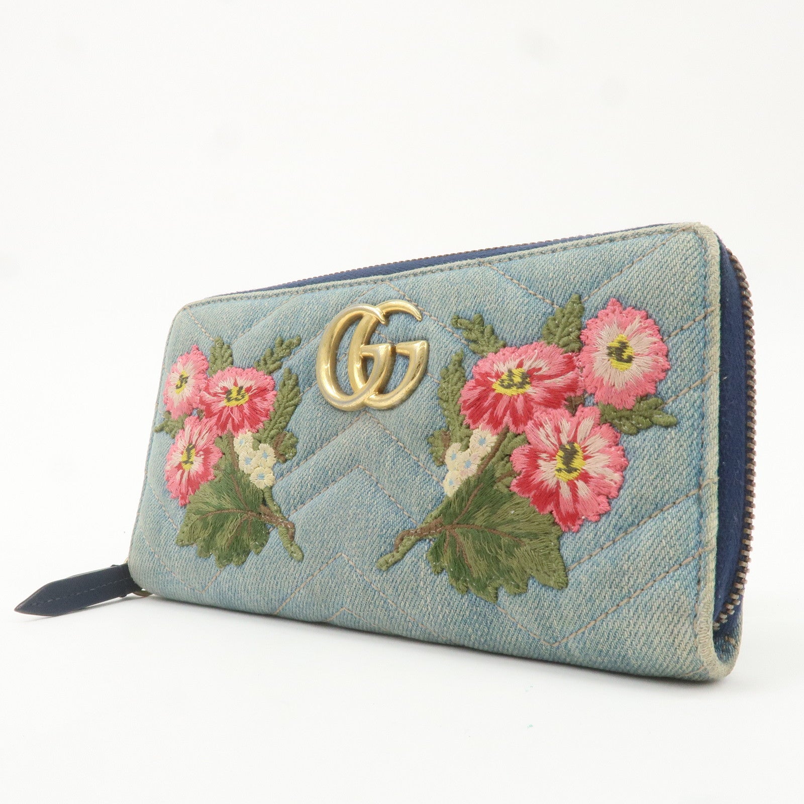 GUCCI GG Marmont Denim Leather Double G Flower Zip Around Wallet