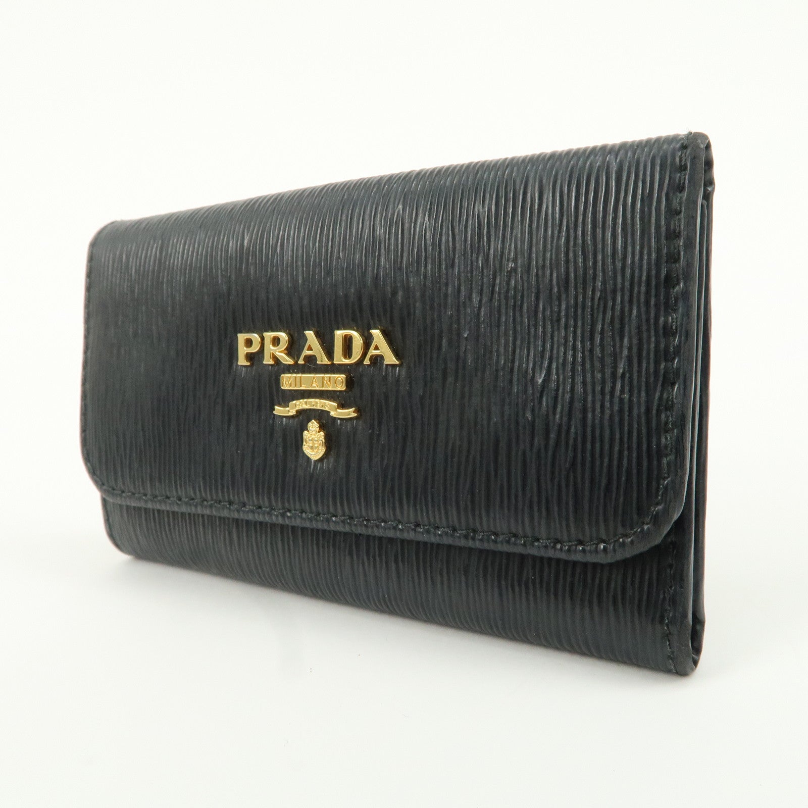 PRADA Leather 6 Key Hook Key Case Key Holder Black Gold HDW