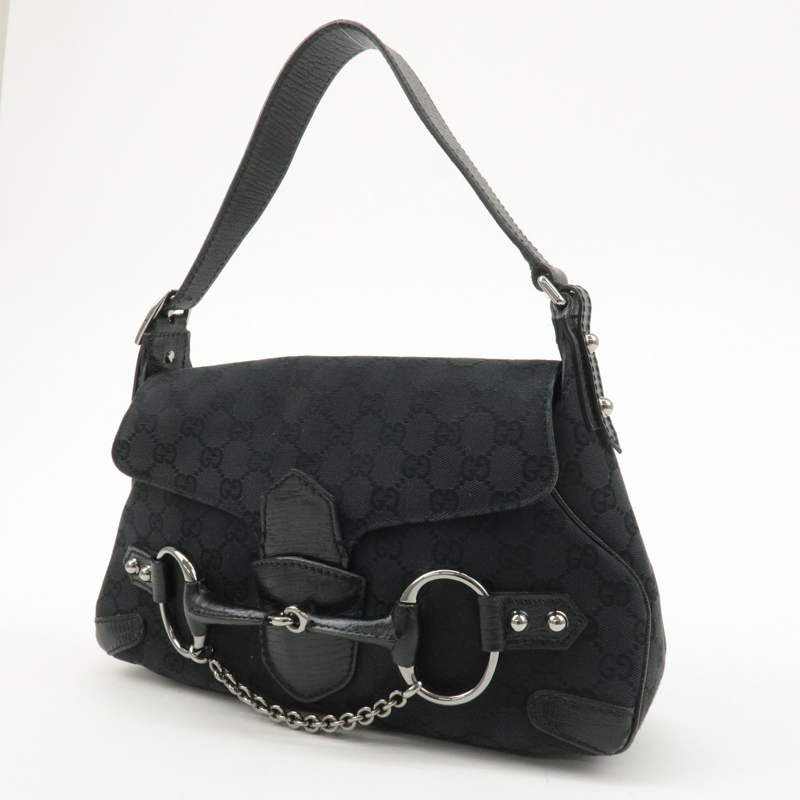 GUCCI Horsebit GG Canvas Leather Shoulder Bag Black 114915