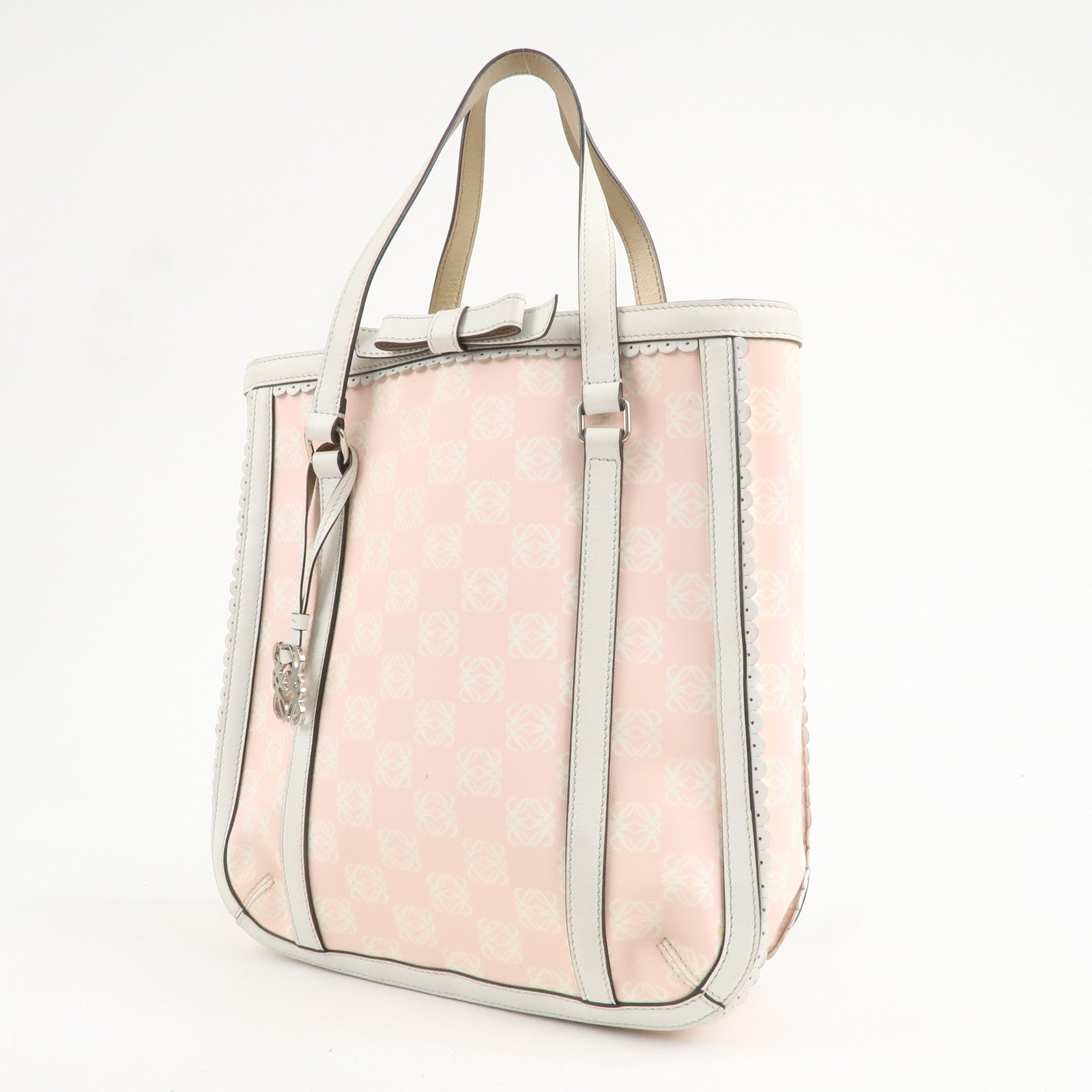 LOEWE Anagram PVC Leather Tote Bag Hand Bag Pink Ivory Ribbon