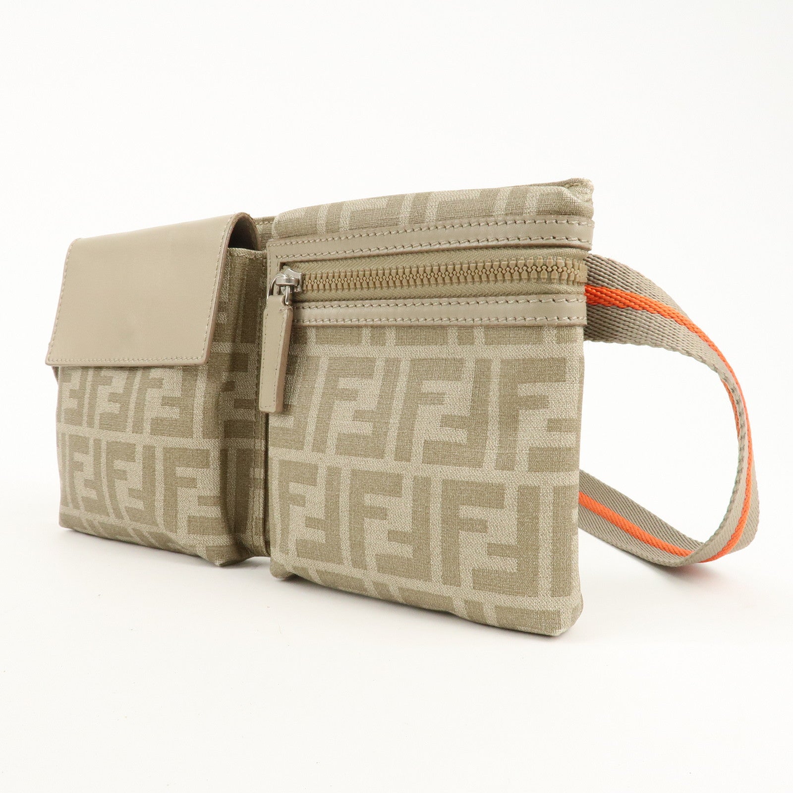 FENDI Zucca PVC Nylon Leather Waist Bag Body Bag 7VA280 Beige