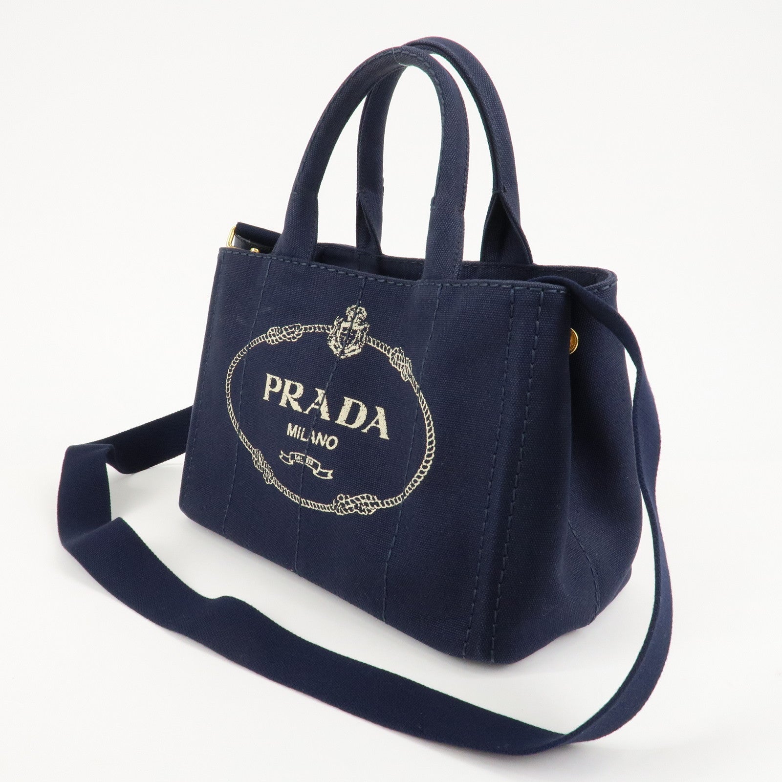 PRADA Canapa Mini Canvas Tote Bag Hand Bag Navy 1BG439