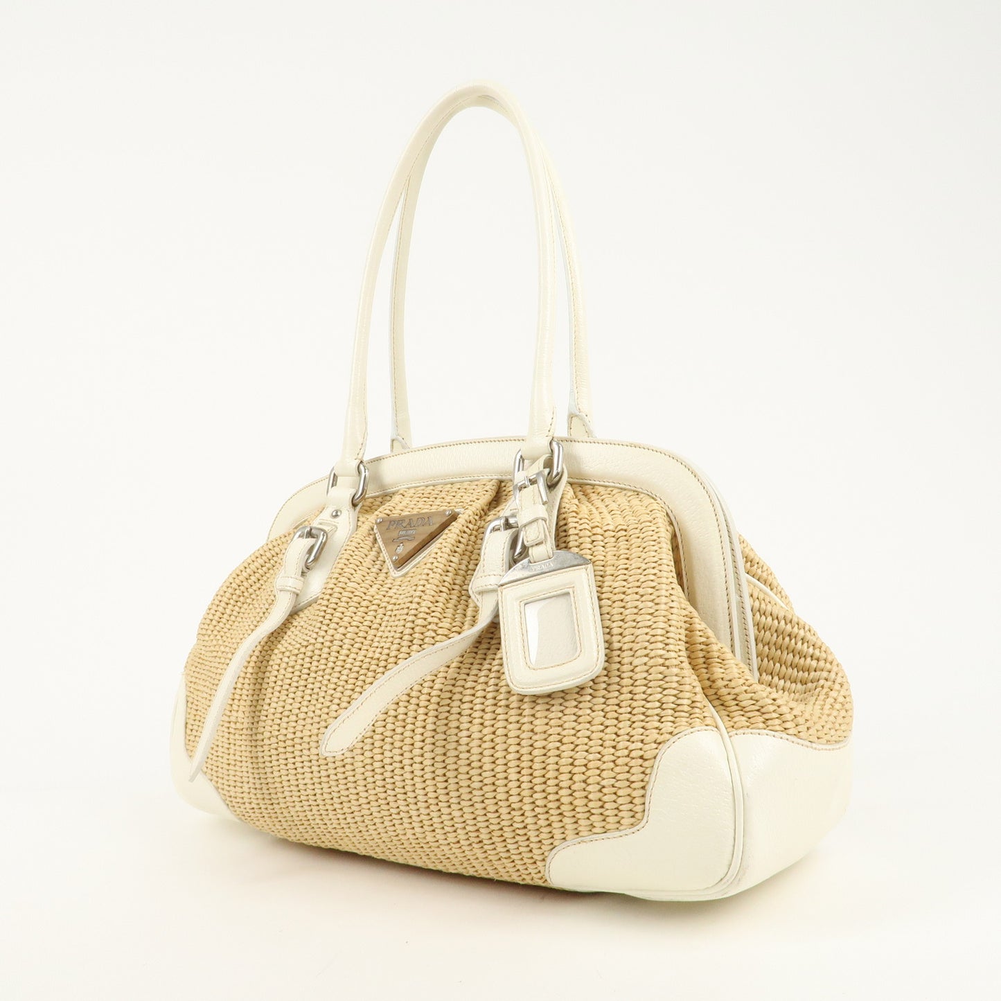 PRADA Logo Raffia Leather Hand Bag Shoulder Bag Ivory BR3508