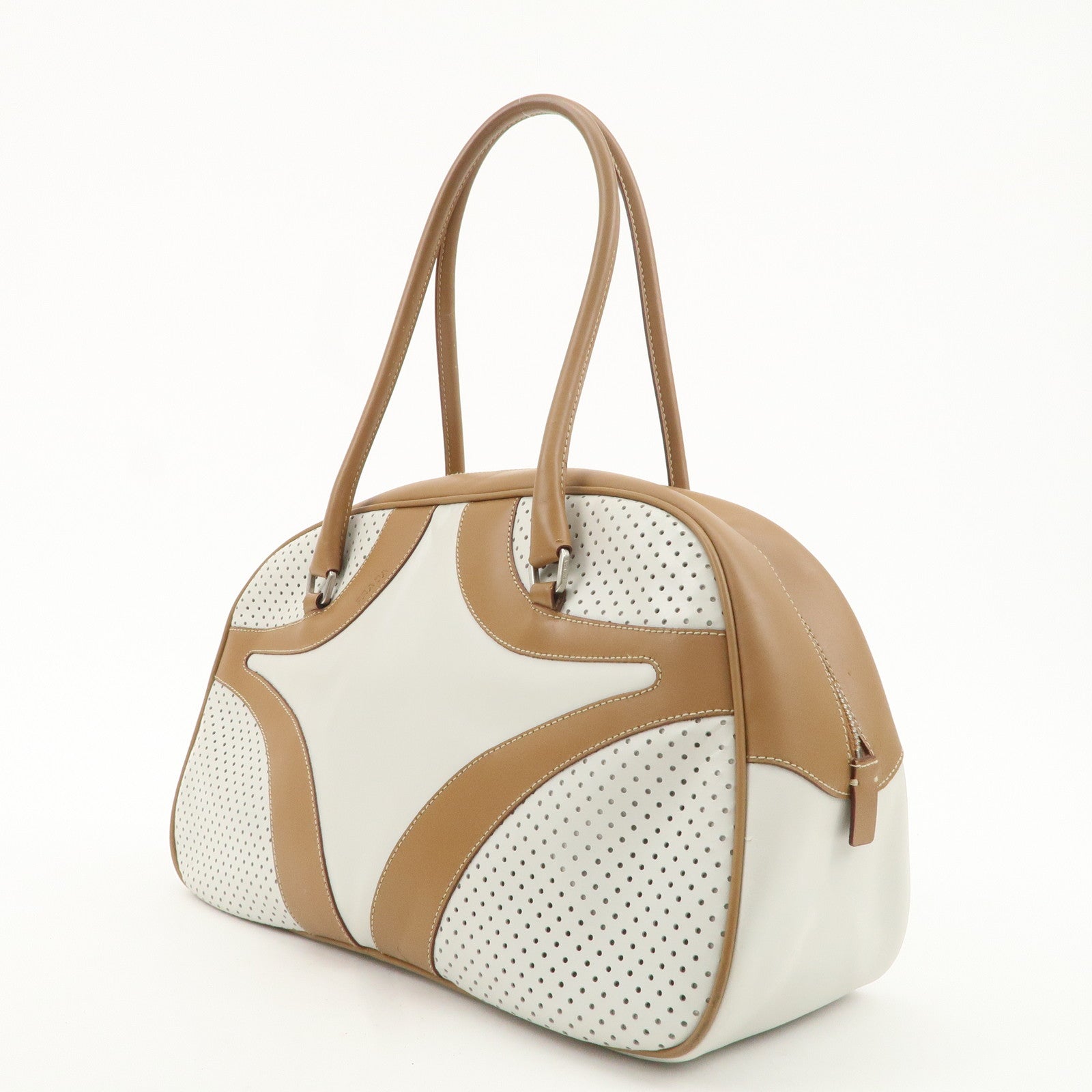 PRADA Leather Bowling Bag Punching Shoulder Bag Ivory Brown