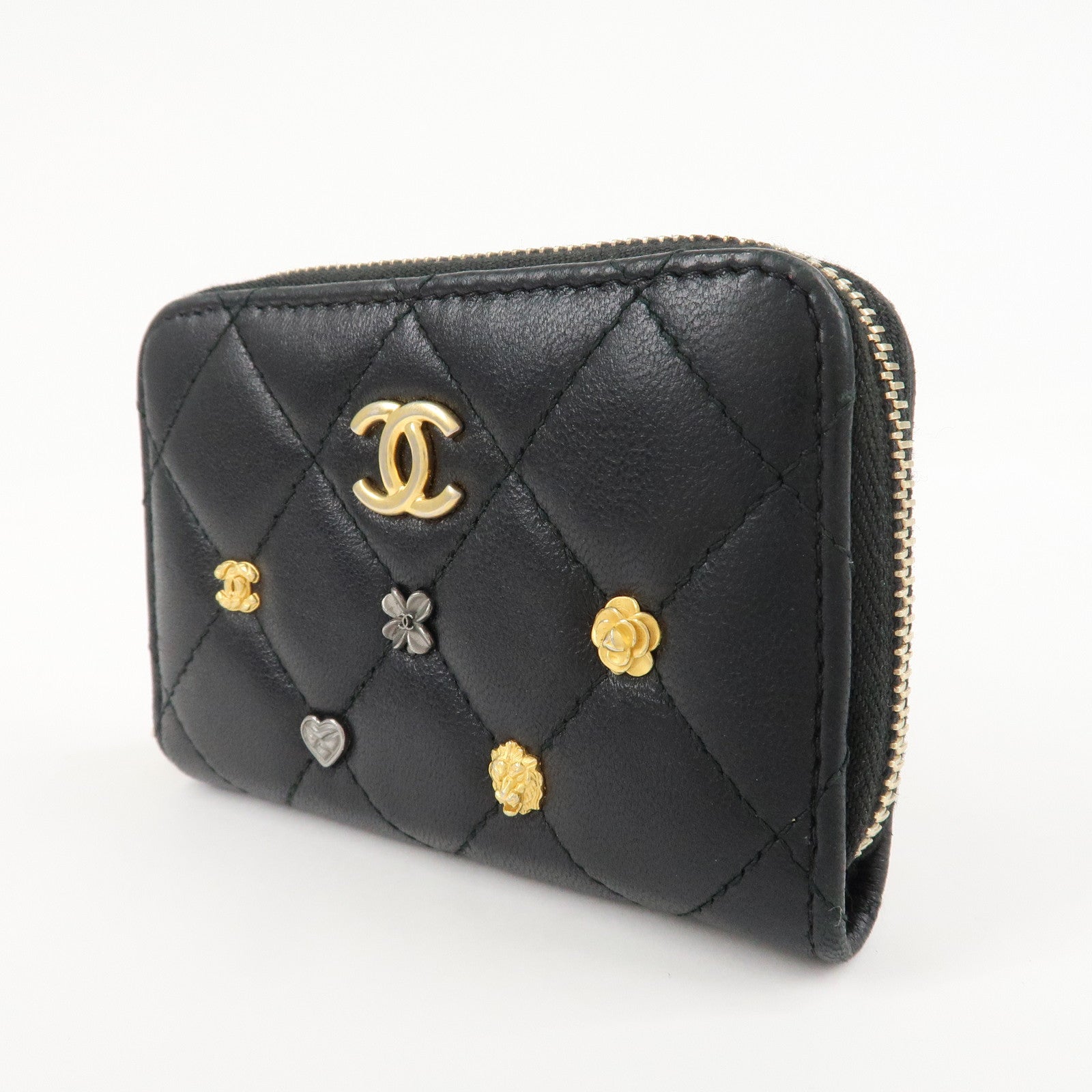 CHANEL Matelasse Lamb Skin Zippy Around Coin Purse Studs A81610