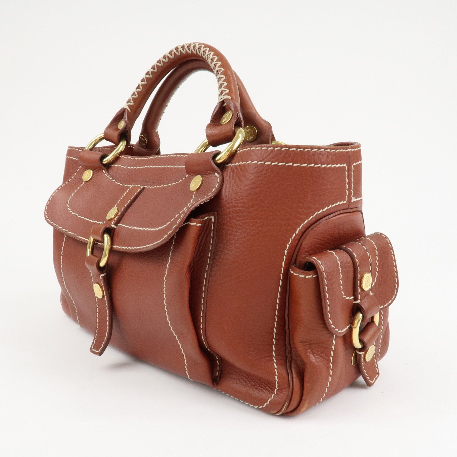 CELINE Macadam Stamped Leather Boogie Hand Bag Brown Gold HDW Used