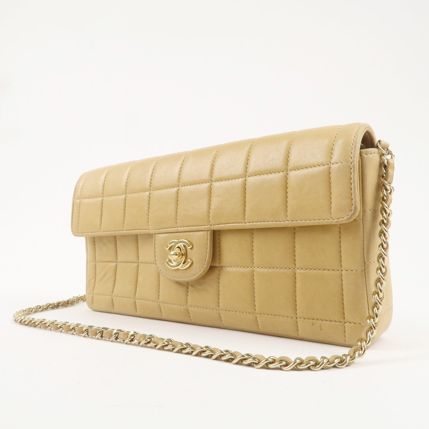 CHANEL Chocolate Bar Lamb Skin Chain Shoulder Bag Beige Gold