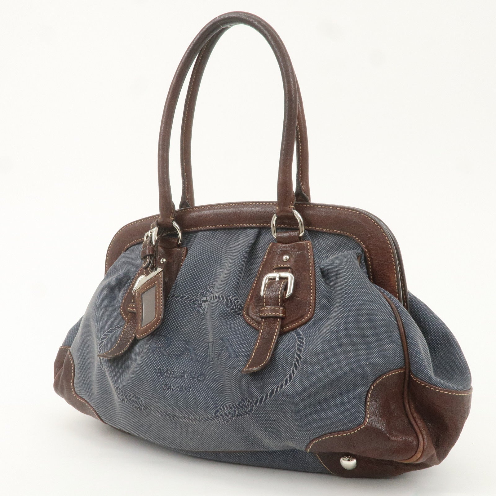 PRADA Logo Jacquard Leather Tote Bag Hand Bag Blue Dark Brown