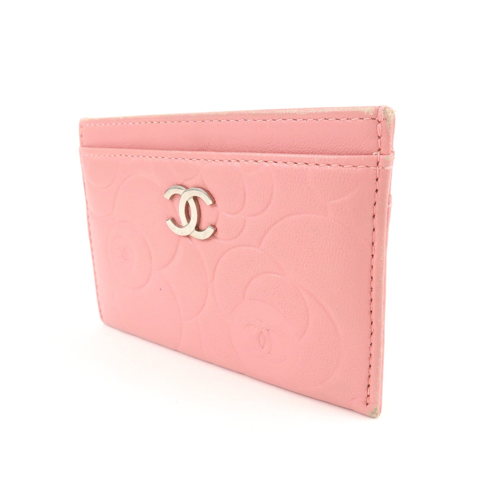 CHANEL Camelia Lamb Skin Card Case Pink A82286 Used