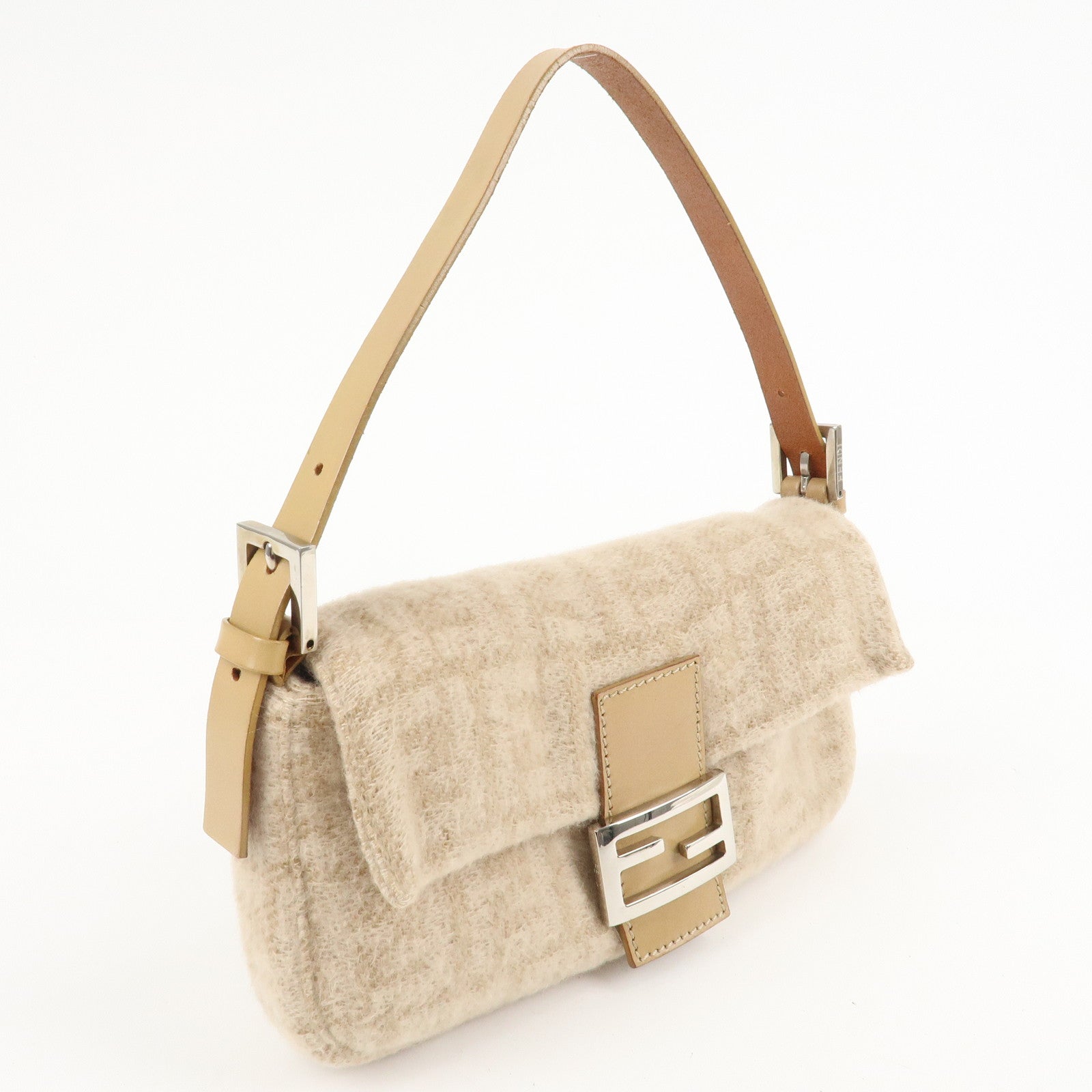 FENDI Mamma Baguette Zucca Wool Leather Shoulder Bag Beige 26424