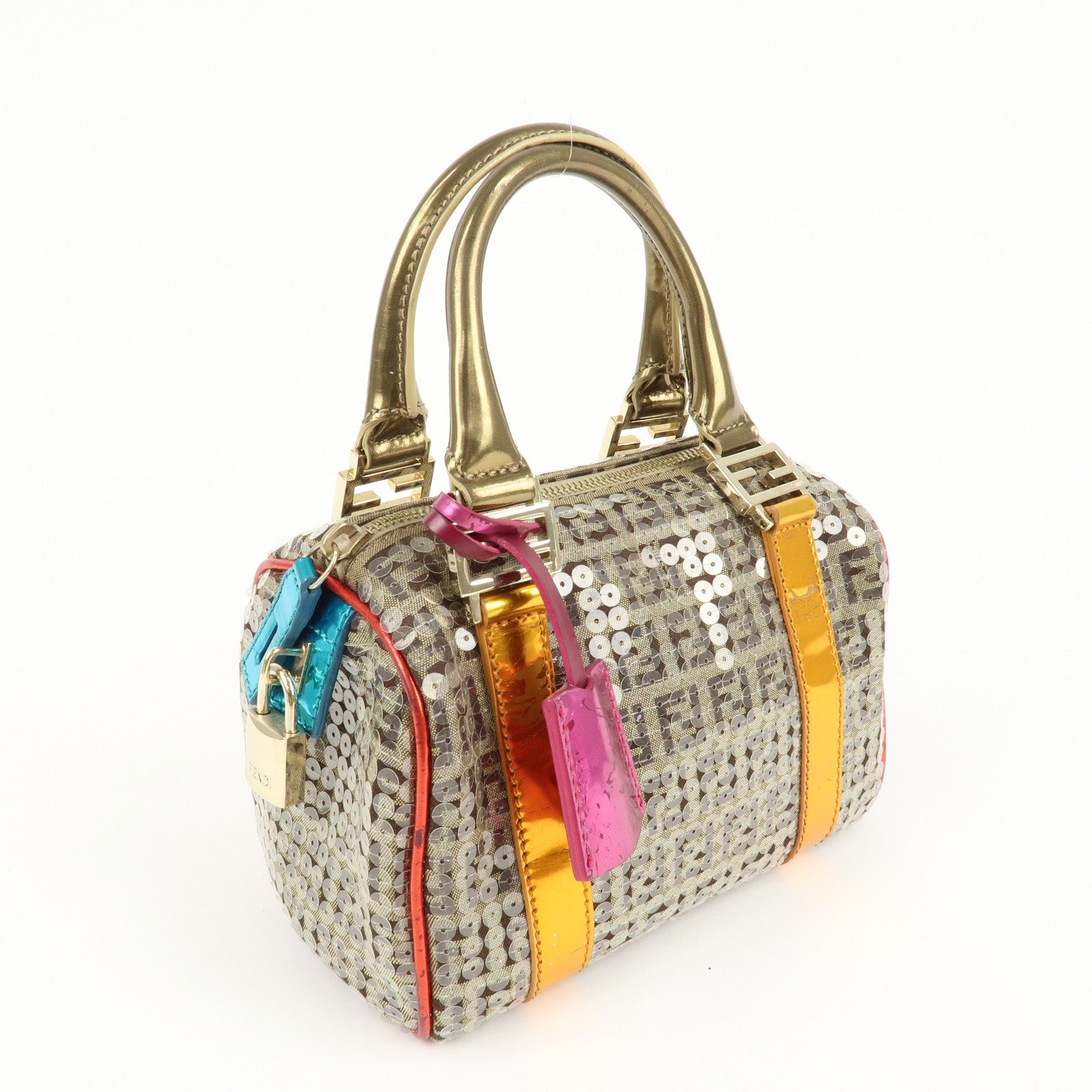 FENDI Zucchino Flip Sequin Canvas Patent Leather Boston Bag 8BL071 Used