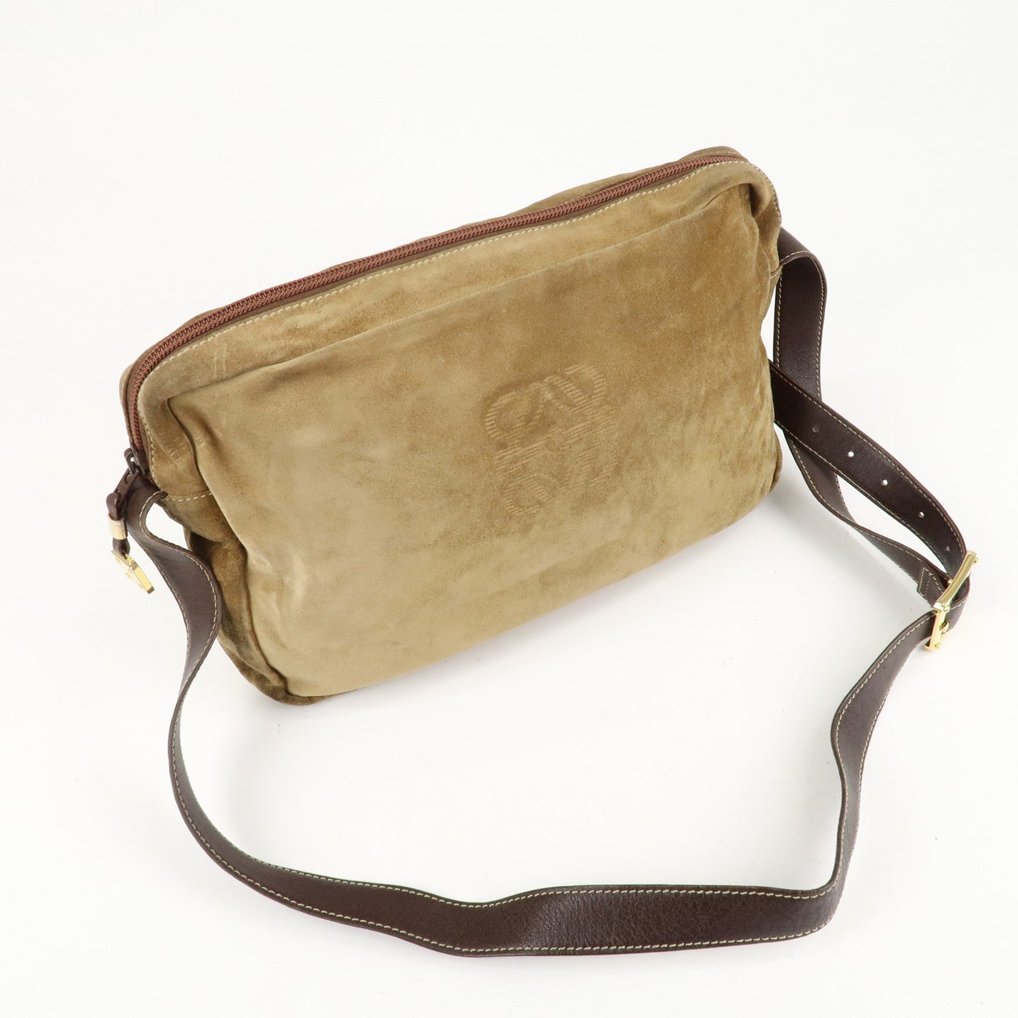 LOEWE Anagram Suede Leather Shoulder Bag Brown Gold Hardware