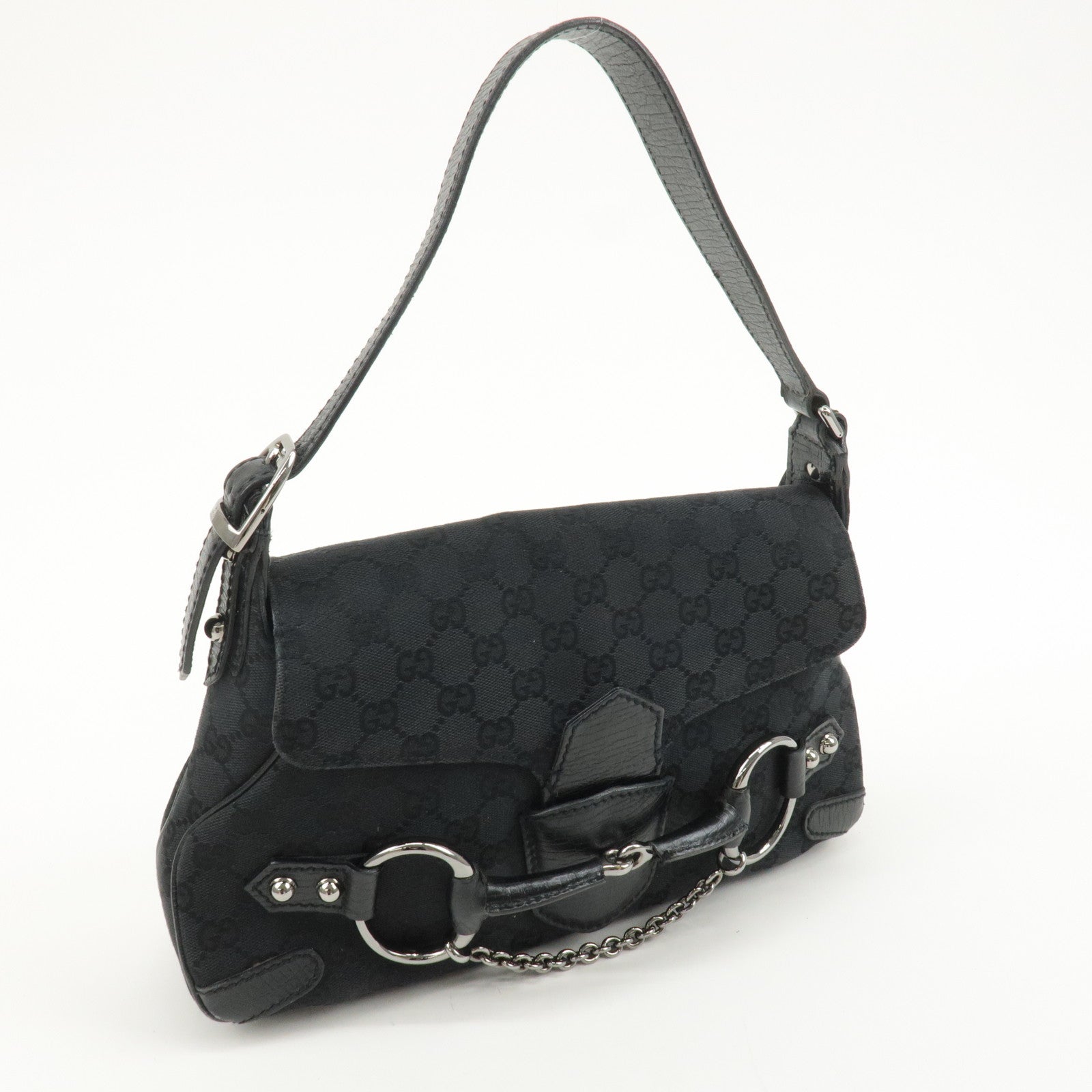 GUCCI Horsebit GG Canvas Leather Shoulder Bag Black 114915