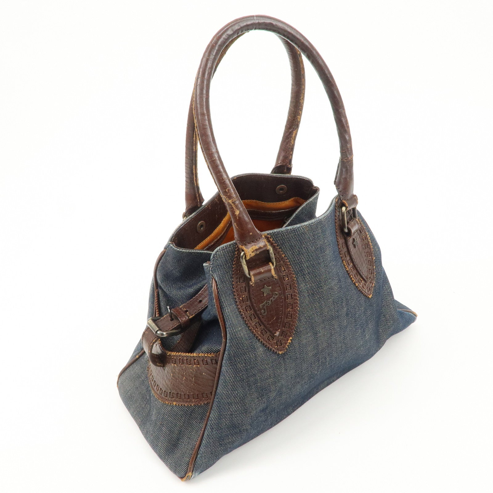 FENDI Ethnico Denim Leather Shoulder Bag Blue Brown 8BN157