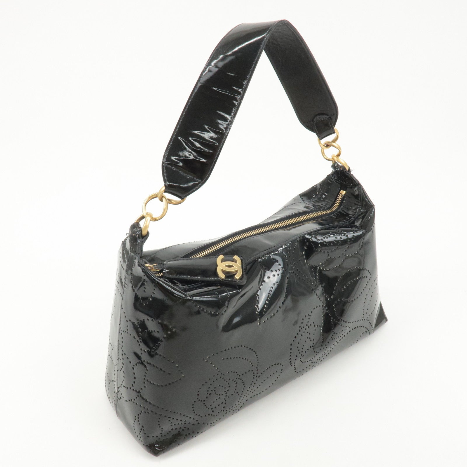 CHANEL Camellia Patent Leather One Shoulder Bag Black