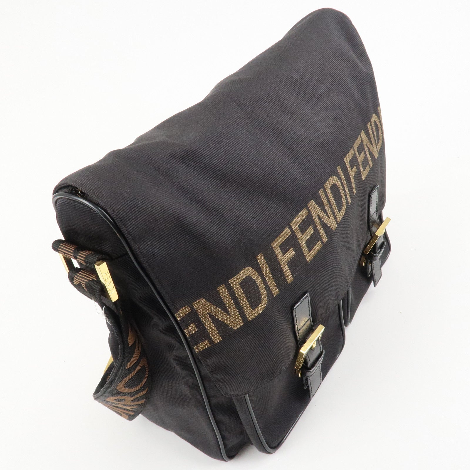 FENDI Nylon Canvas Leather Shoulder Bag Hand Bag Black Brown Used