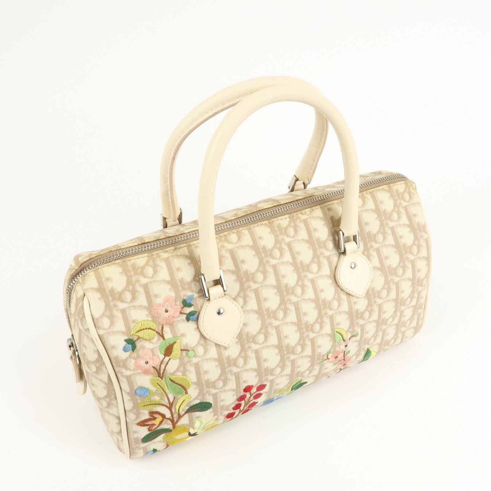 Christian Dior Trotter PVC Leather Boston Bag Flower Embroidery