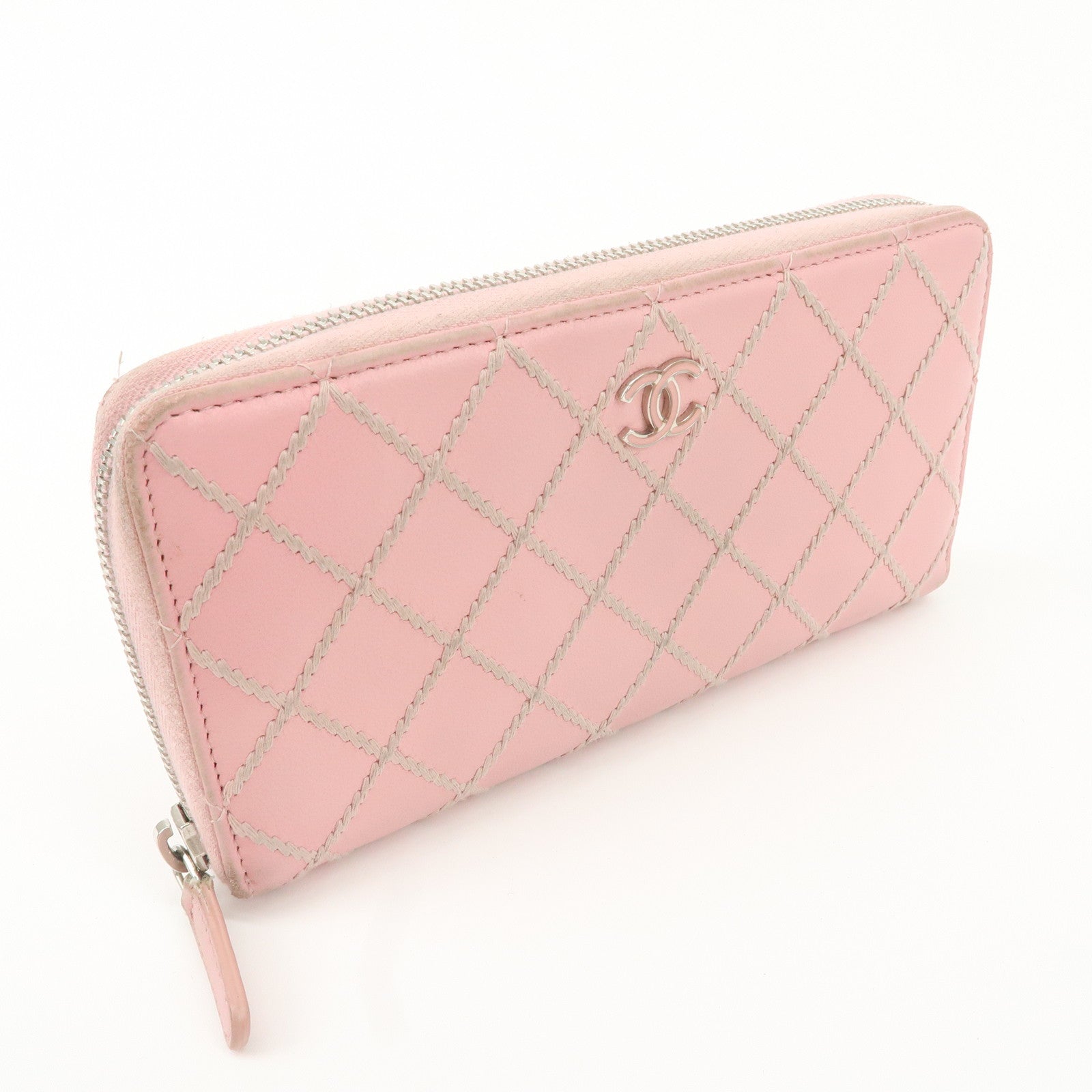 CHANEL Wild Stitch Lamb Skin Round Zipper Long Wallet A80143