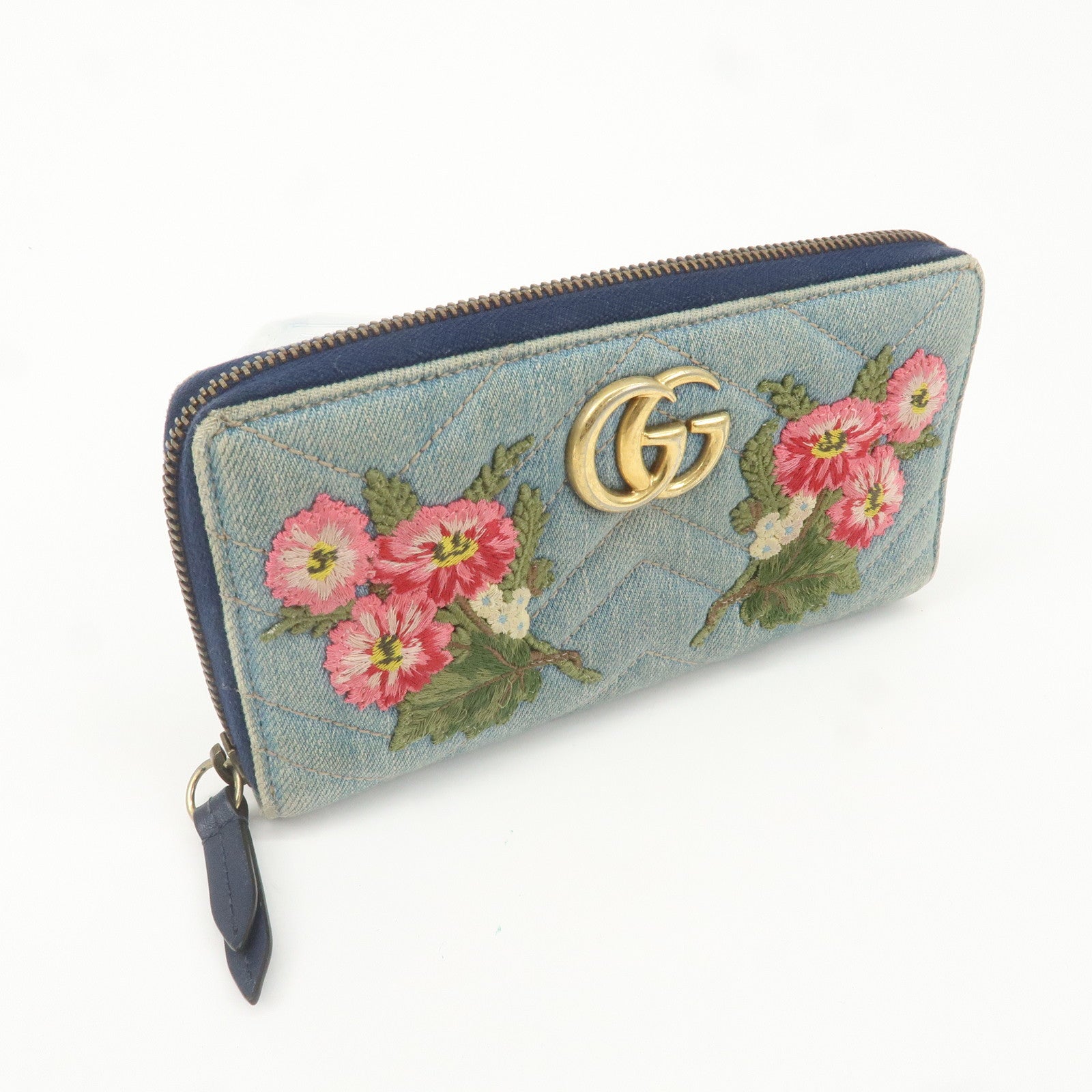 GUCCI GG Marmont Denim Leather Double G Flower Zip Around Wallet