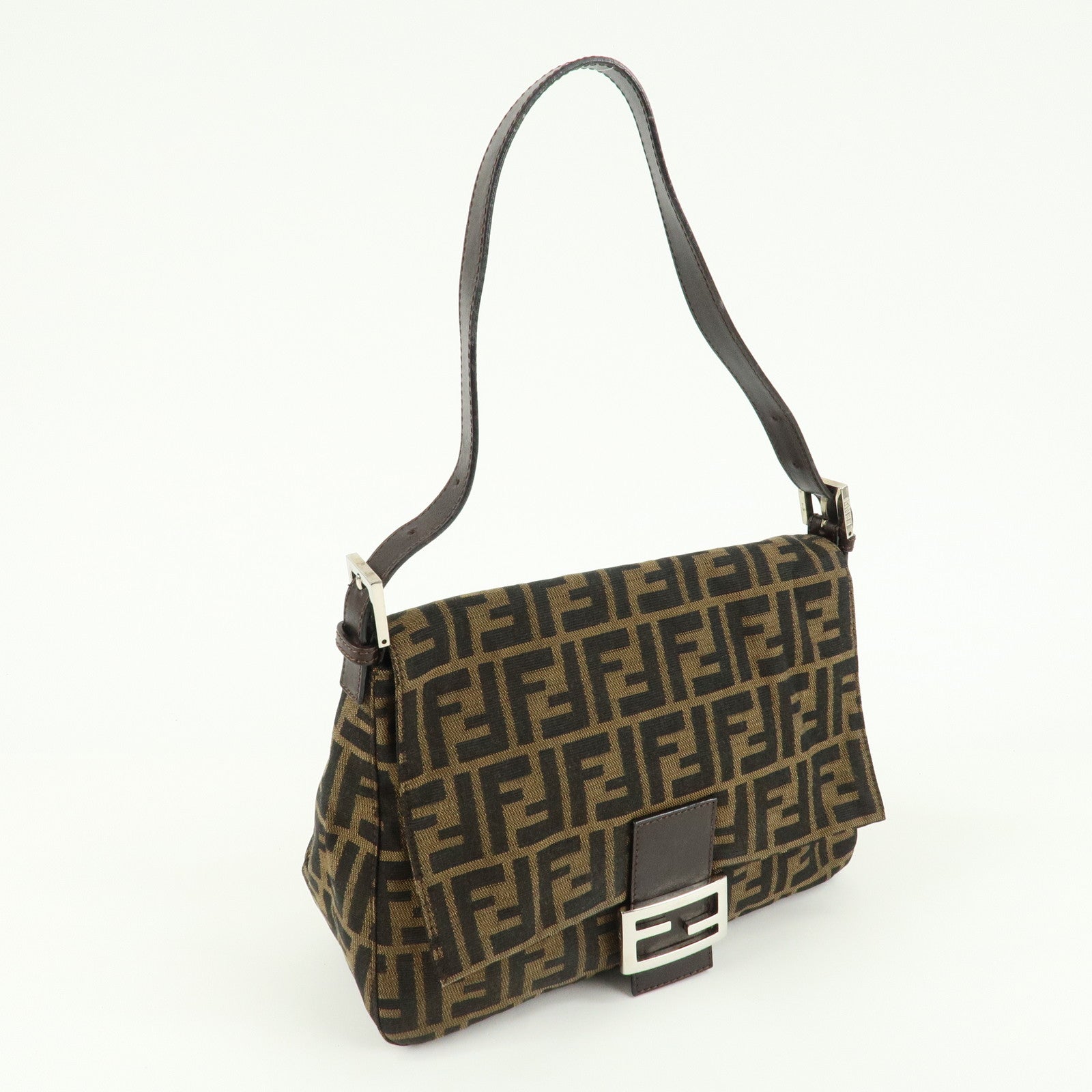 FENDI Mamma Baguette Zucca Canvas Leather Bag Brown Black 26325