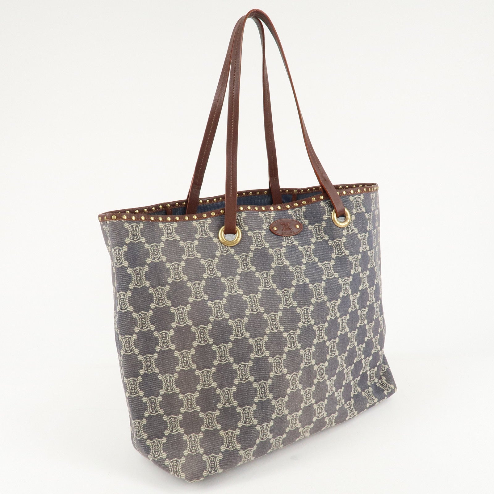 CELINE Macadam Denim Leather Studs Tote Bag Navy Brown Used