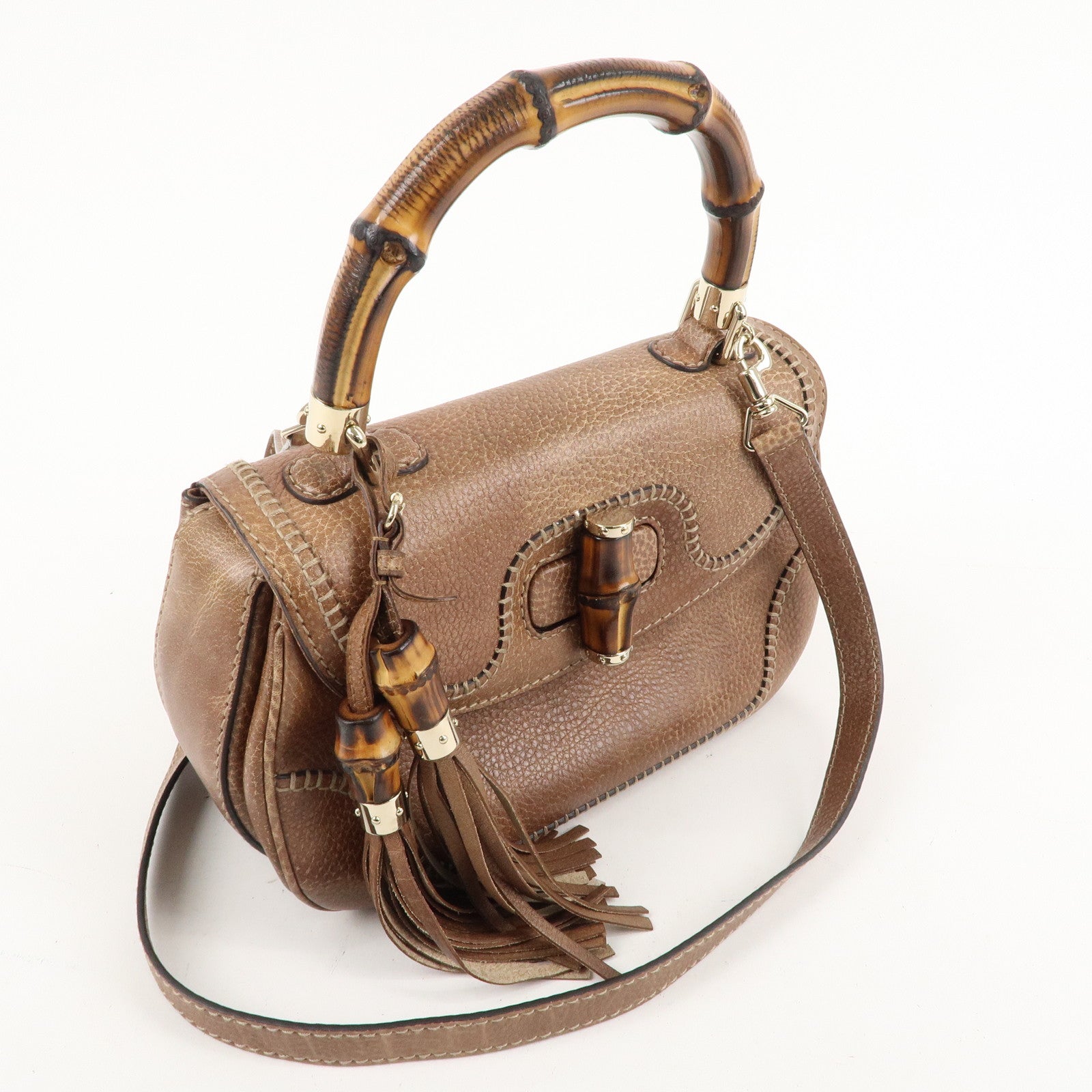 GUCCI New Bamboo Leather 2WAY Bag Hand Bag Light Brown 224964