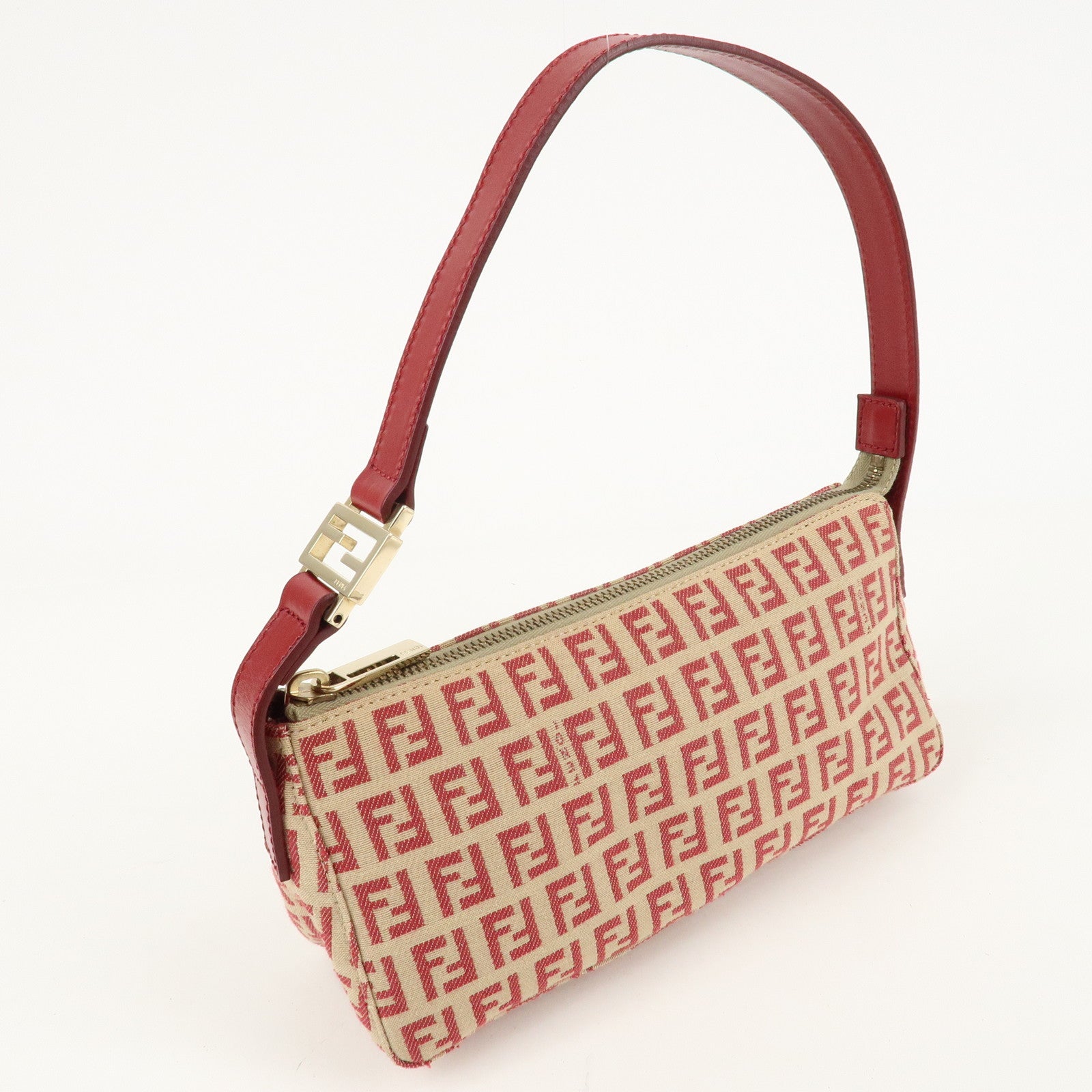 FENDI Zucchino Canvas Leather Semi-Shoulder Bag Beige Red 8BR443