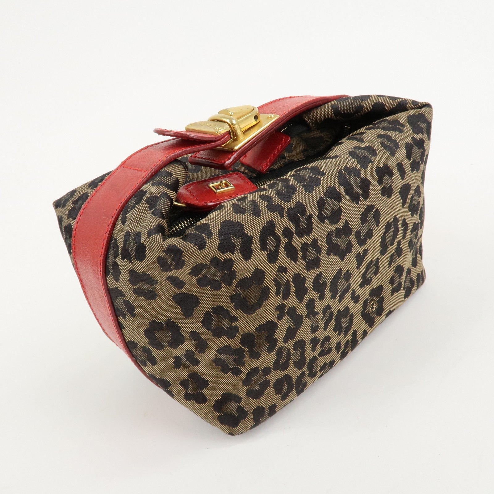 FENDI Canvas Leather Leopard Vanity Bag Pouch Brown Red 26360