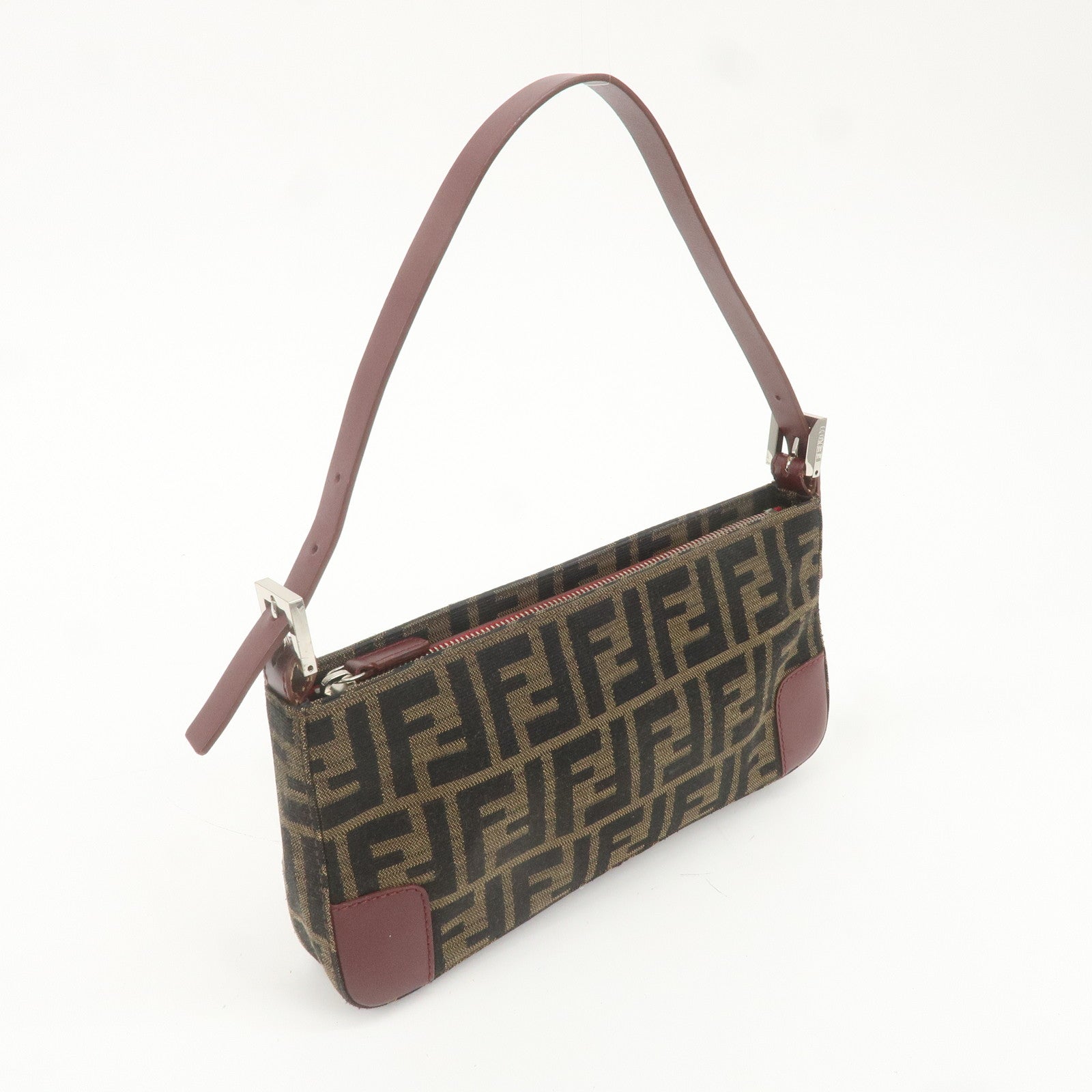 FENDI Zucca Canvas Leather Shoulder Bag Brown Bordeaux 8BR207