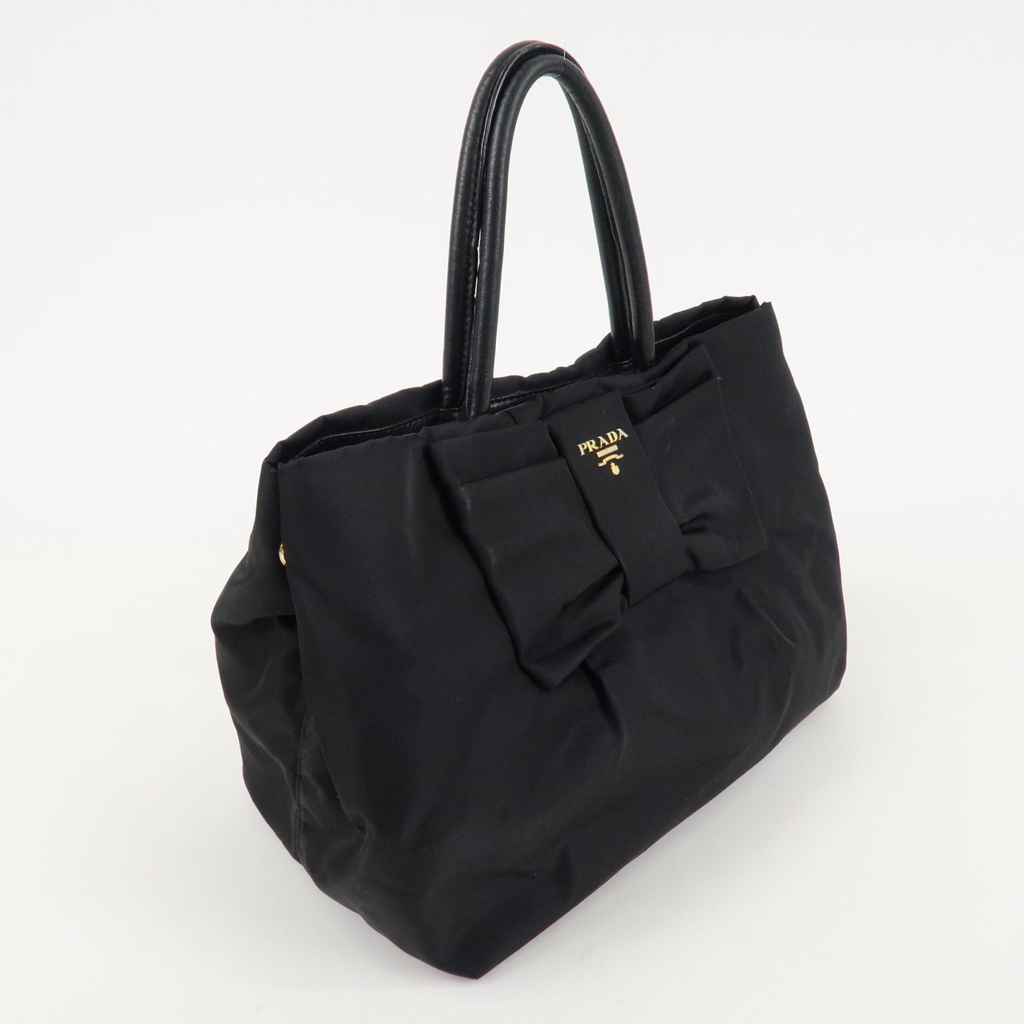 PRADA Nylon Leather Ribbon Hand Bag Tote Bag Black Nero Gold HDW