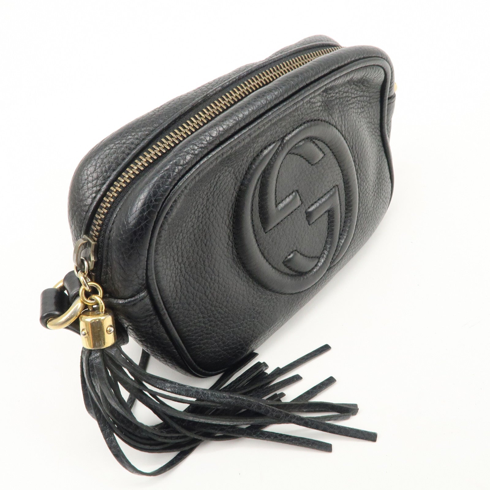 GUCCI Soho Interlocking G Leather Shoulder Bag Black 347994