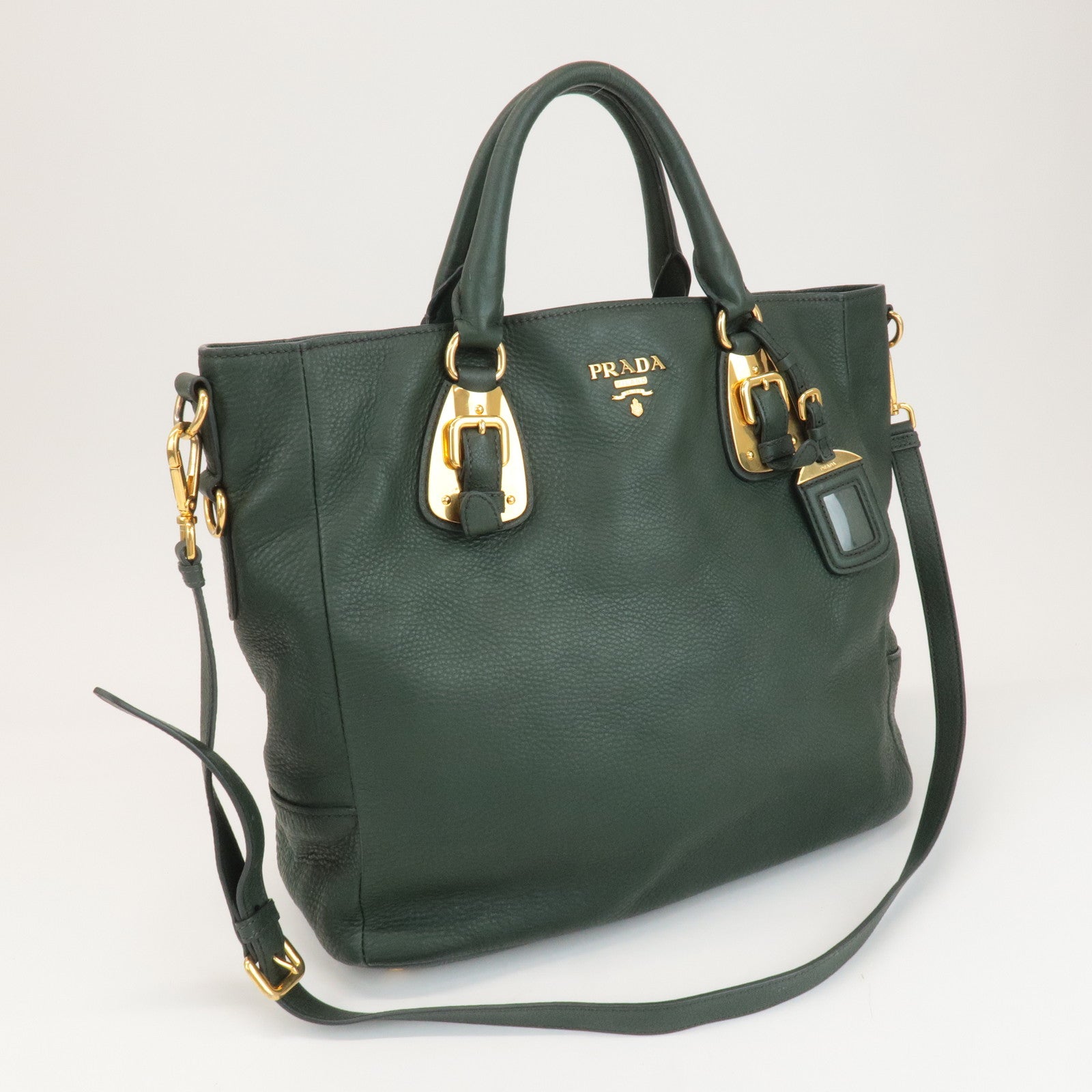 PRADA Leather 2Way Hand Bag Shoulder Bag Green Gold Hardware