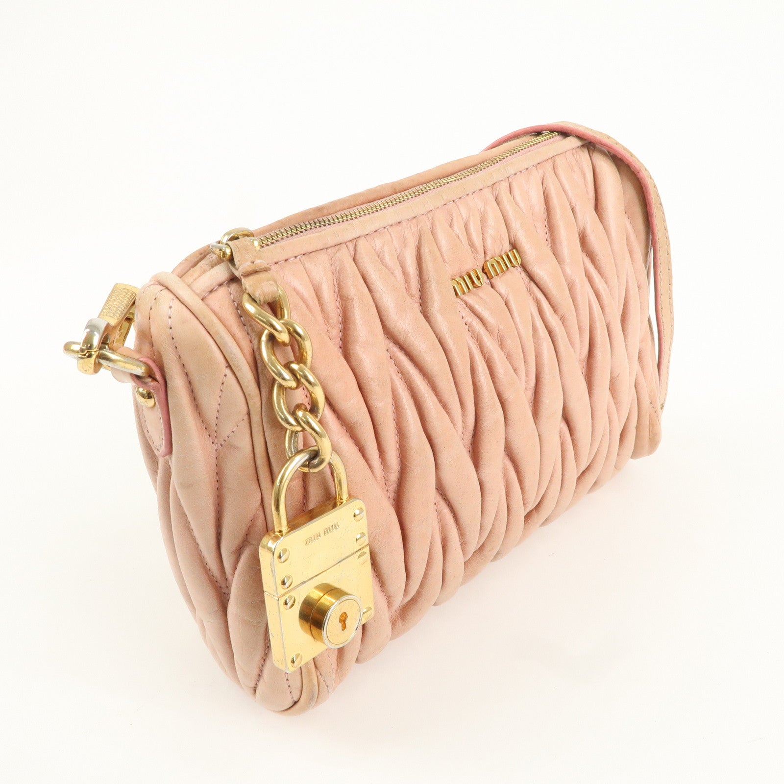 MIU MIU Logo Matelasse Leather Shoulder Bag Pink Beige Gold HDW