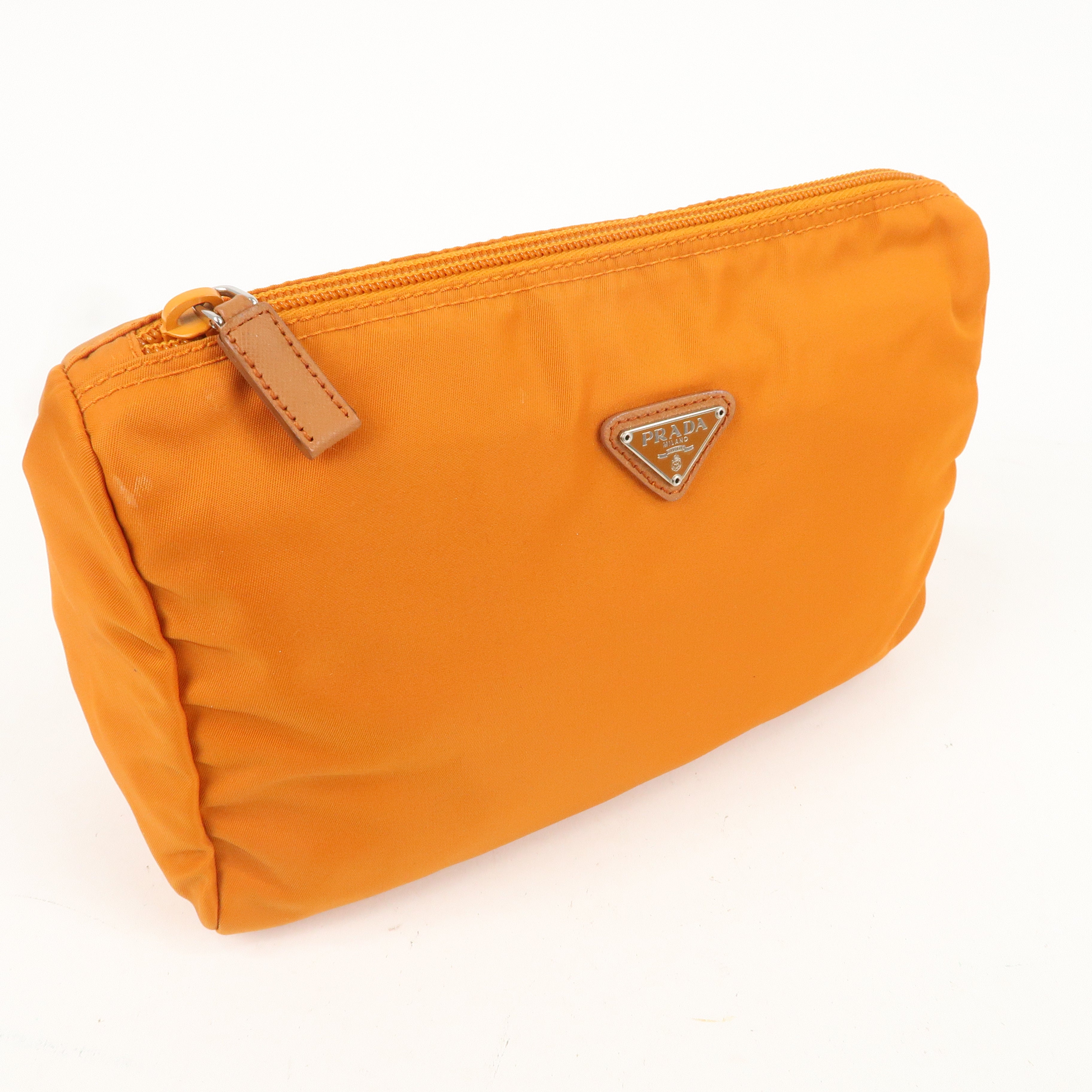 PRADA Nylon Leather Pouch Cosmetic Pouch Orange 1N0012