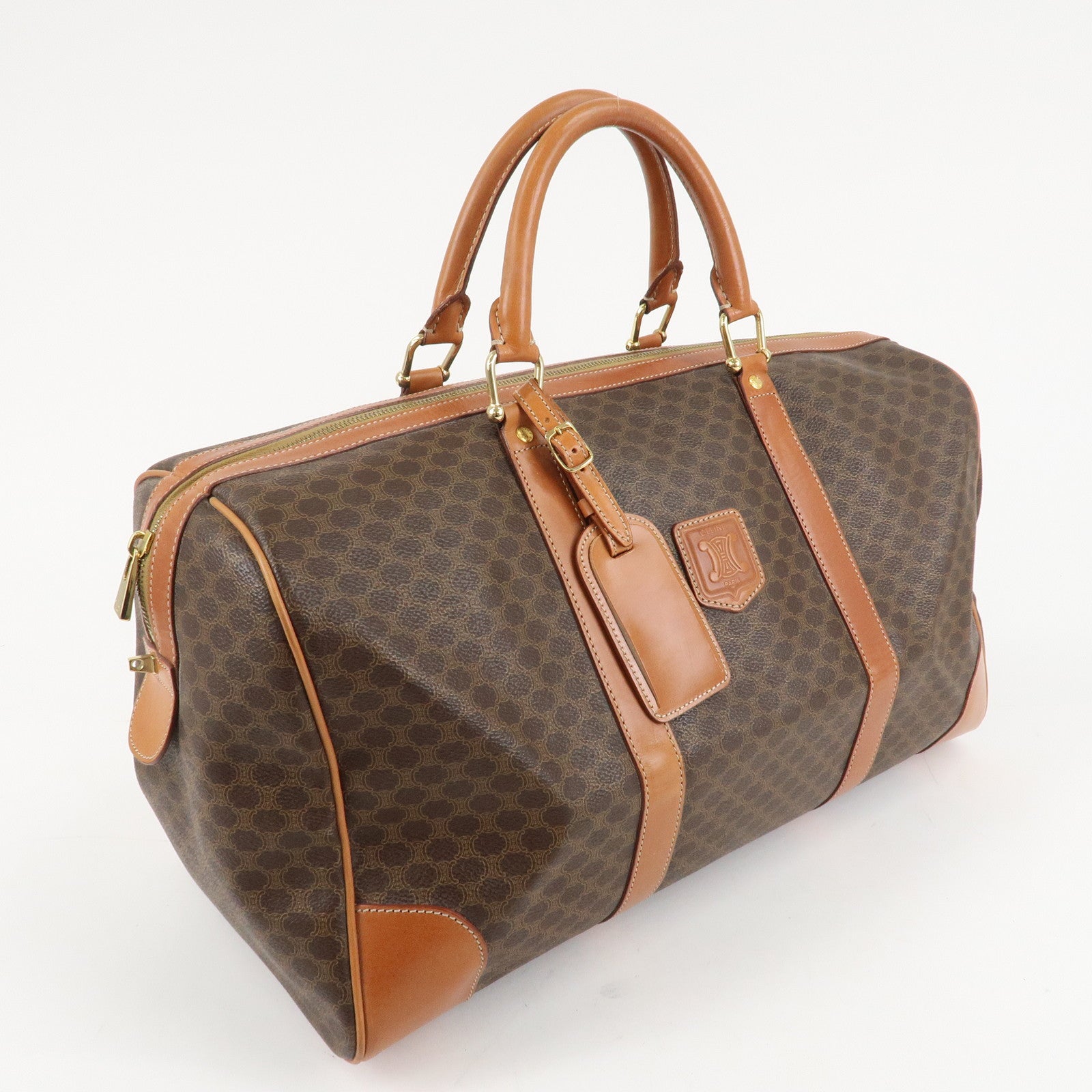 CELINE Macadam PVC Leather Boston Bag Hand Bag Brown Used