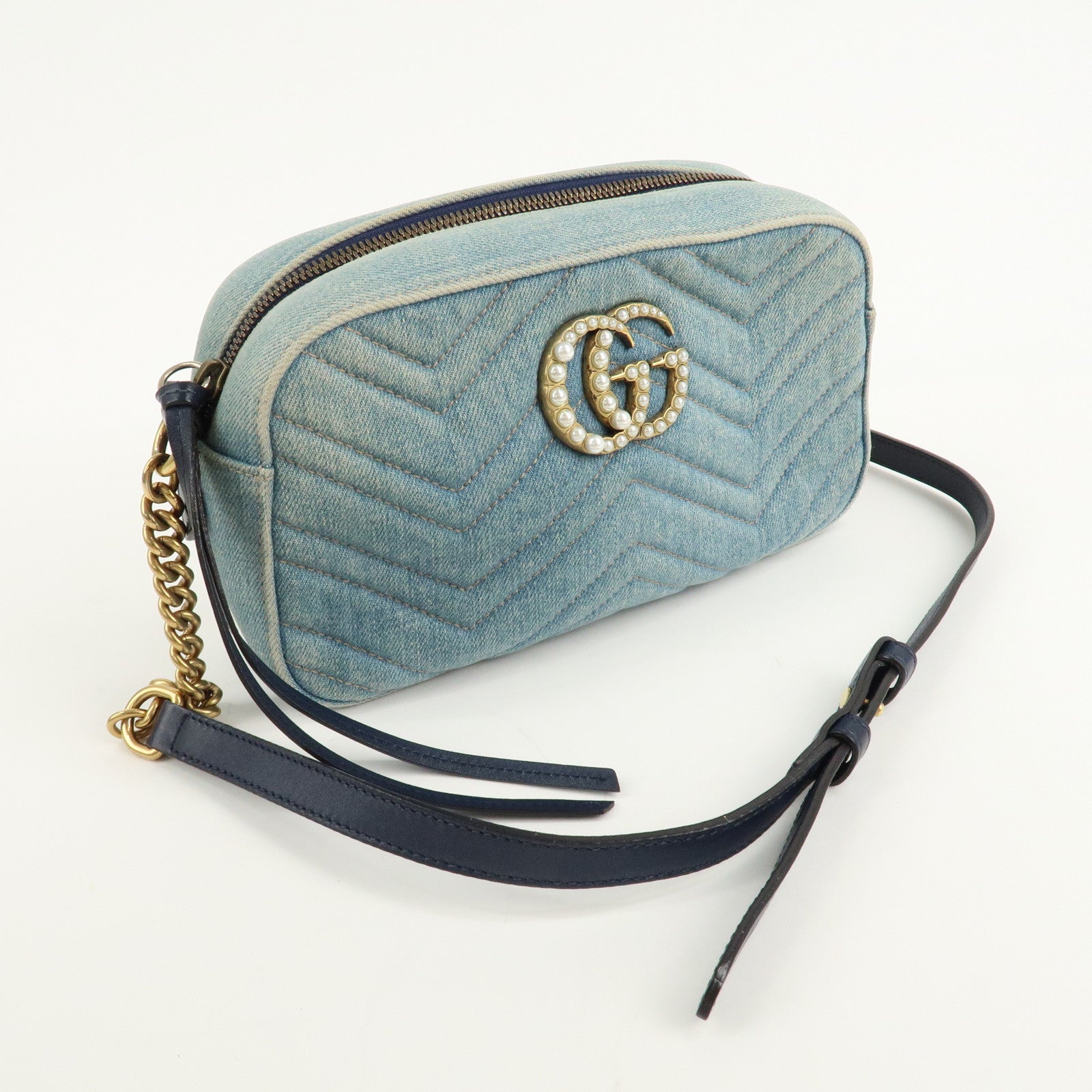 GUCCI GG Marmont Denim Leather Chain Shoulder Bag LIght Blue447632