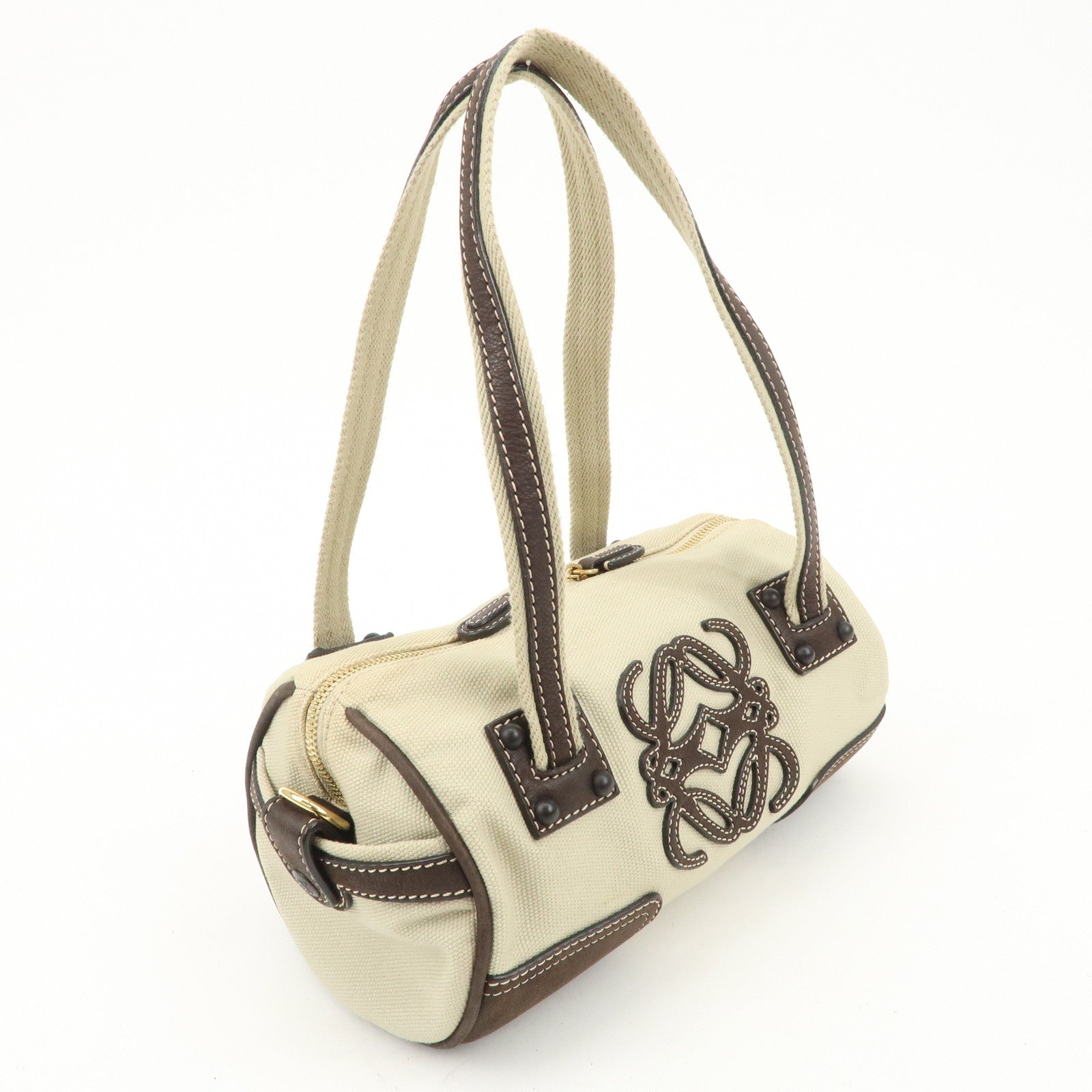 LOEWE Anagram Canvas Leather Mini Boston Bag Ivory Dark Brown Used