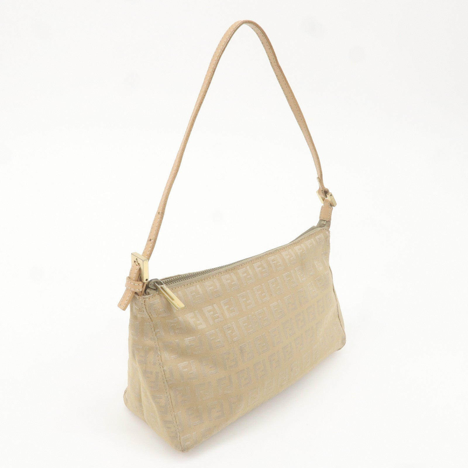 FENDI Zucchino Canvas Leather Shoulder Bag Beige