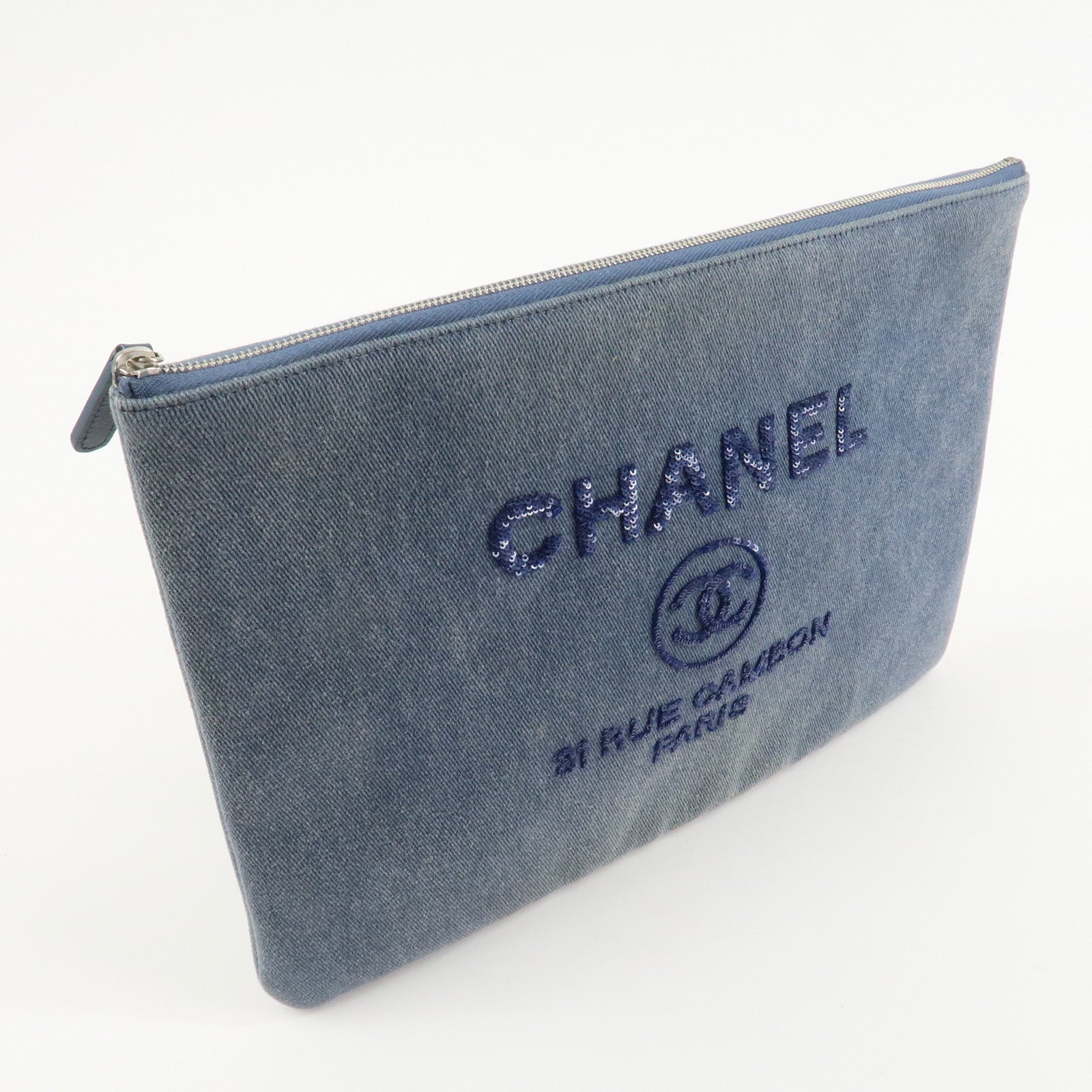 CHANEL COCO Mark Deauville Denim Sequins Clutch Bag A80117 Used