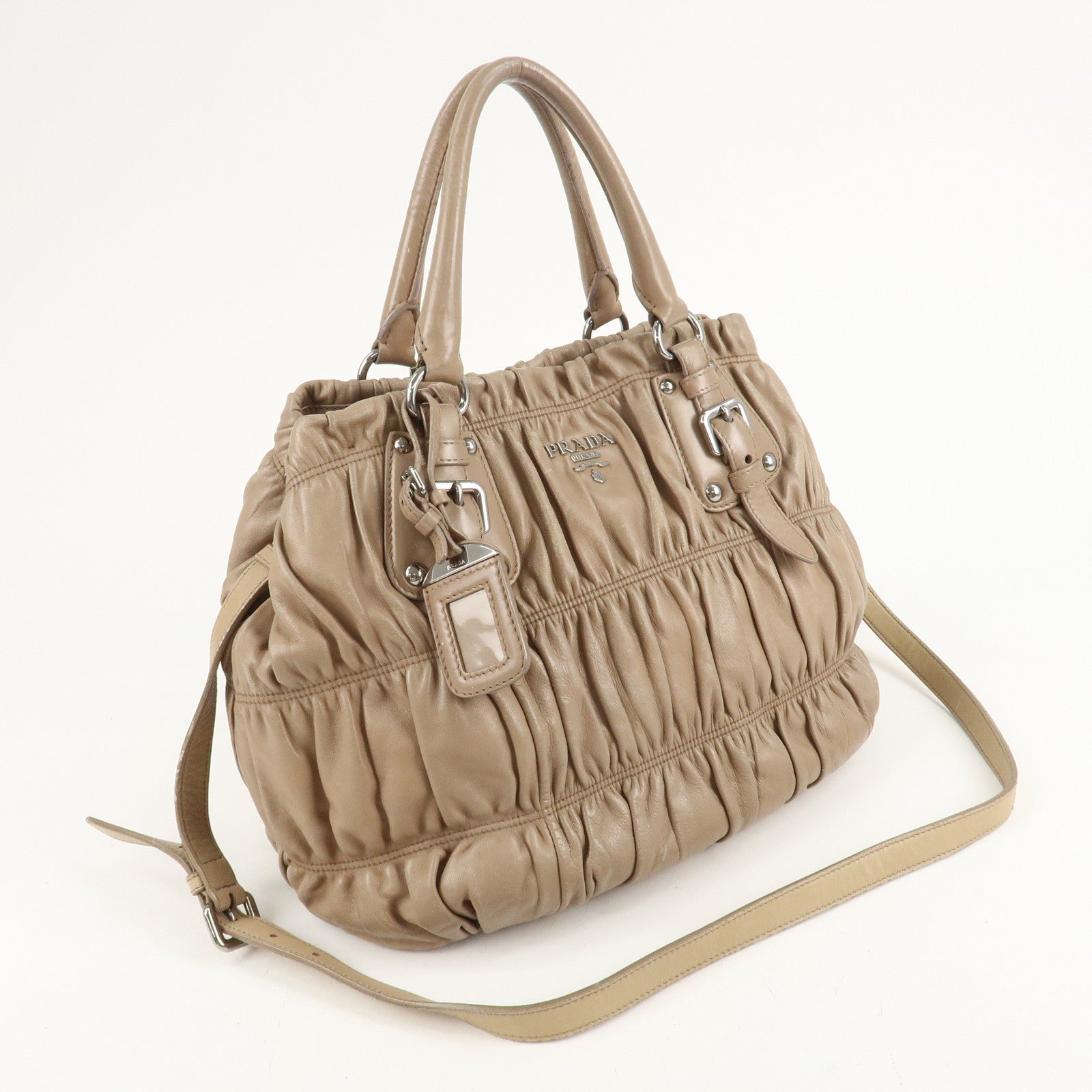 PRADA Leather 2Way Hand Bag Shoulder Bag Beige N1788