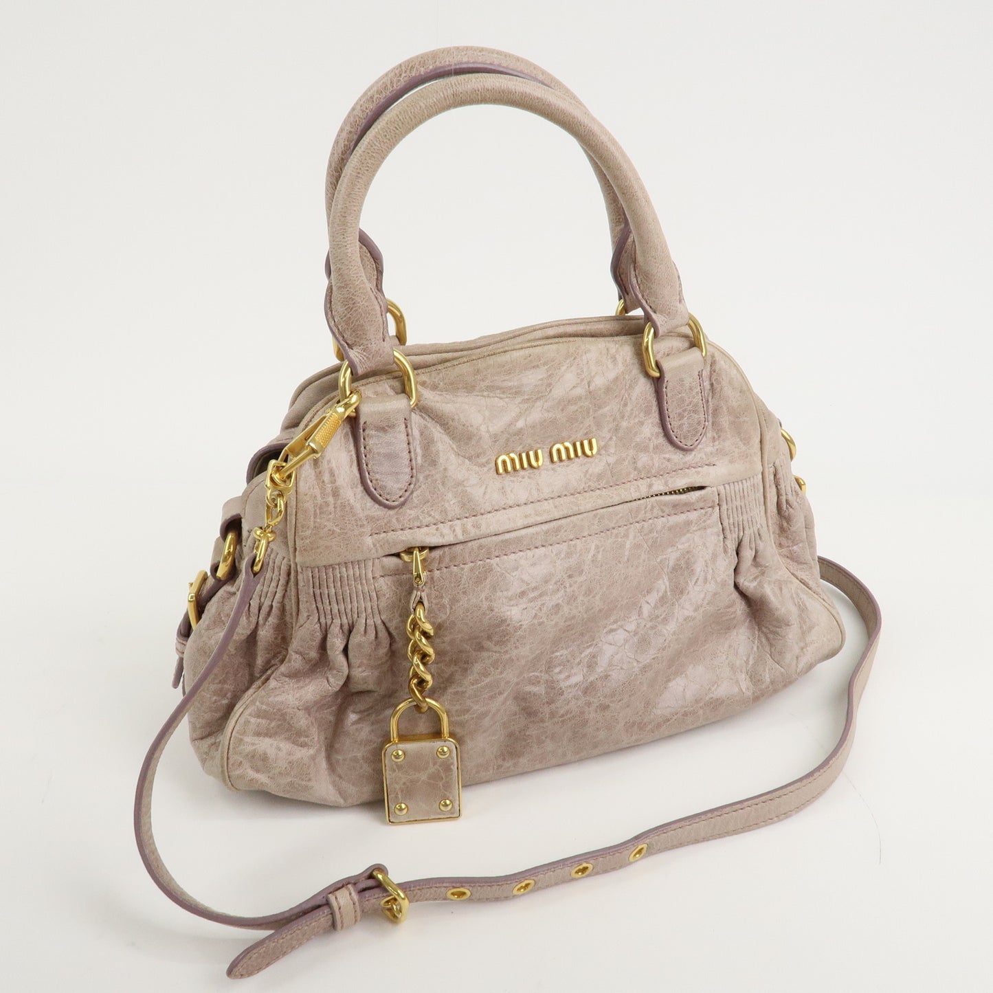 MIU MIU Logo Leather 2 Way Hand Bag Shoulder Bag  Beige