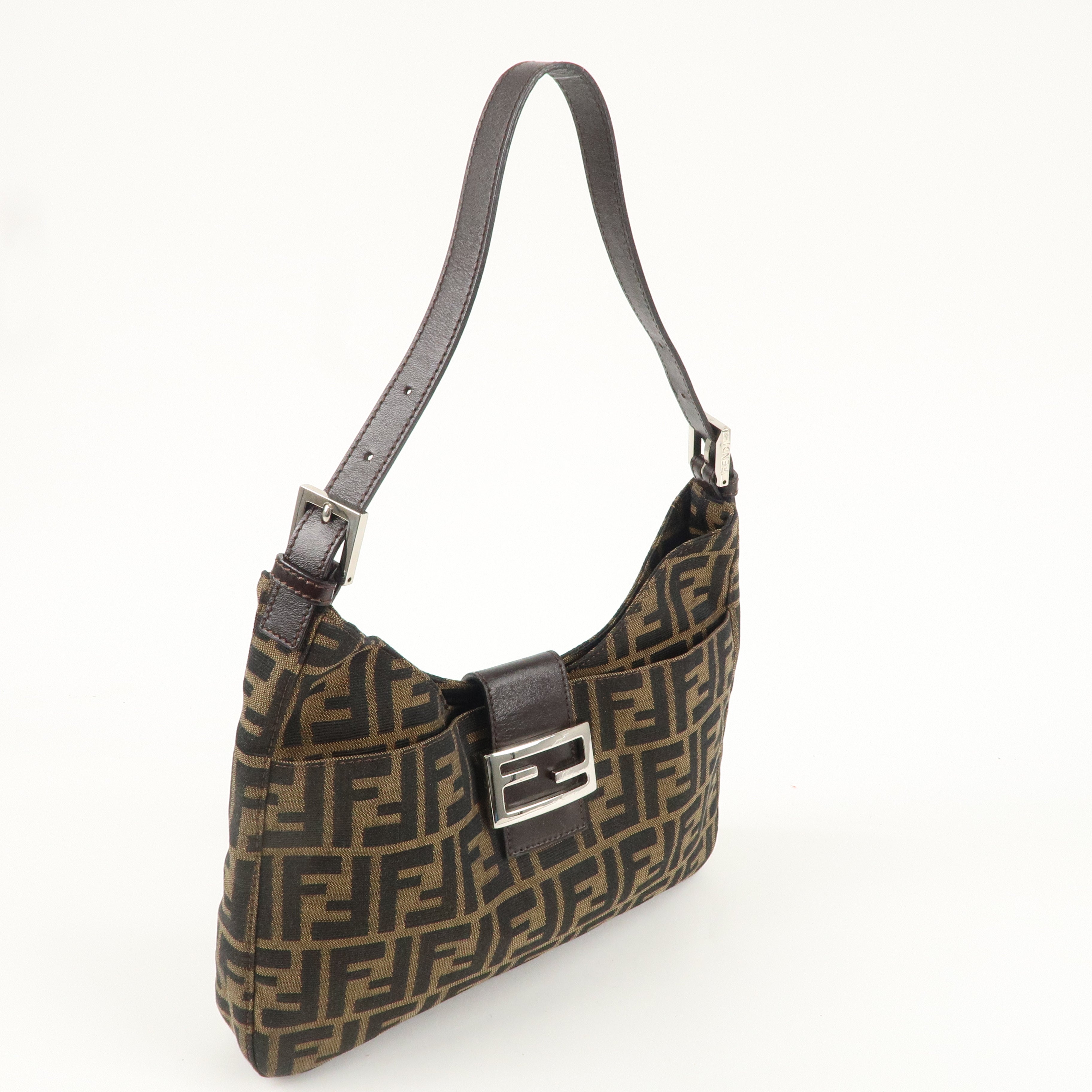 FENDI Zucca Canvas Leather Shoulder Bag Brown Black 26569