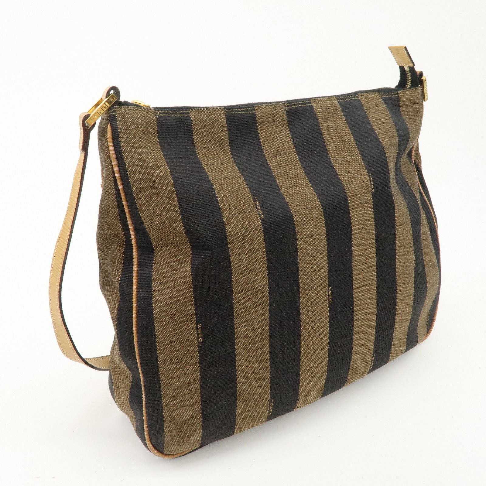 FENDI Pequin Canvas Leather Shoulder Bag Brown Black Used