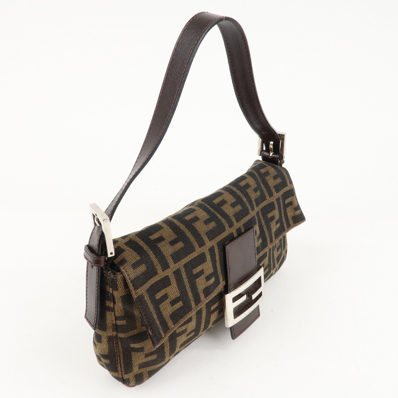 FENDI Mamma Baguette Zucca Canvas Shoulder Bag Brown Black 26424