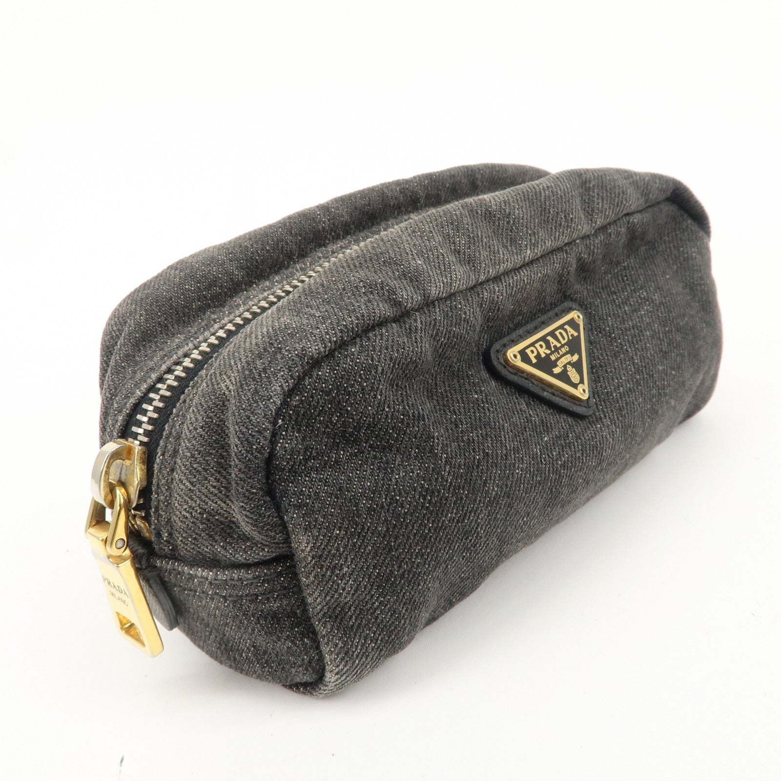 PRADA Triangle Logo Denim Pouch Cosmetic Pouch Black Gold HDW