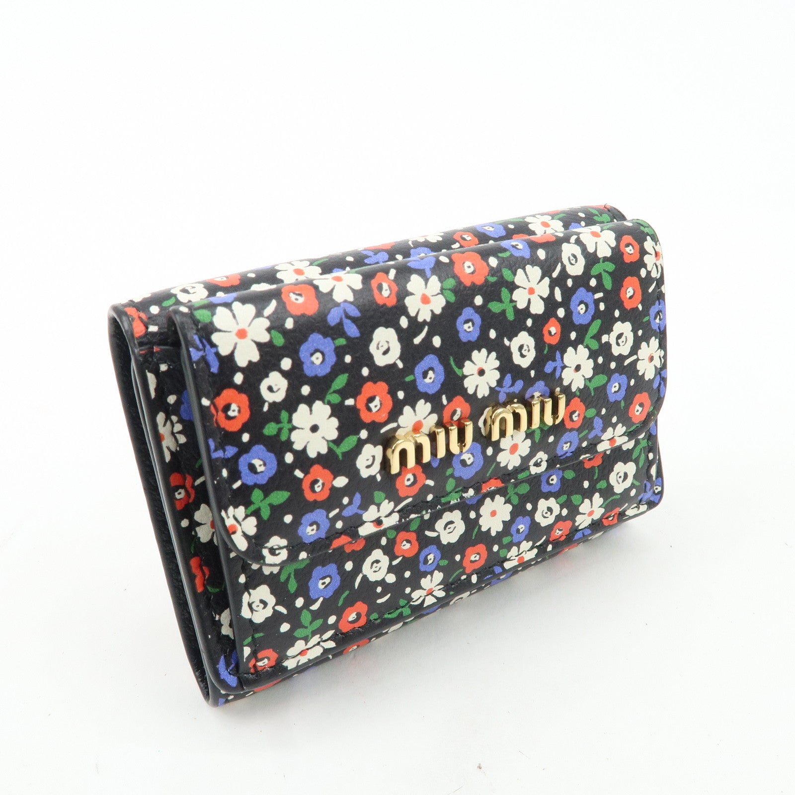 MIU MIU Leather Wallet Compact Flower Black Multicolor