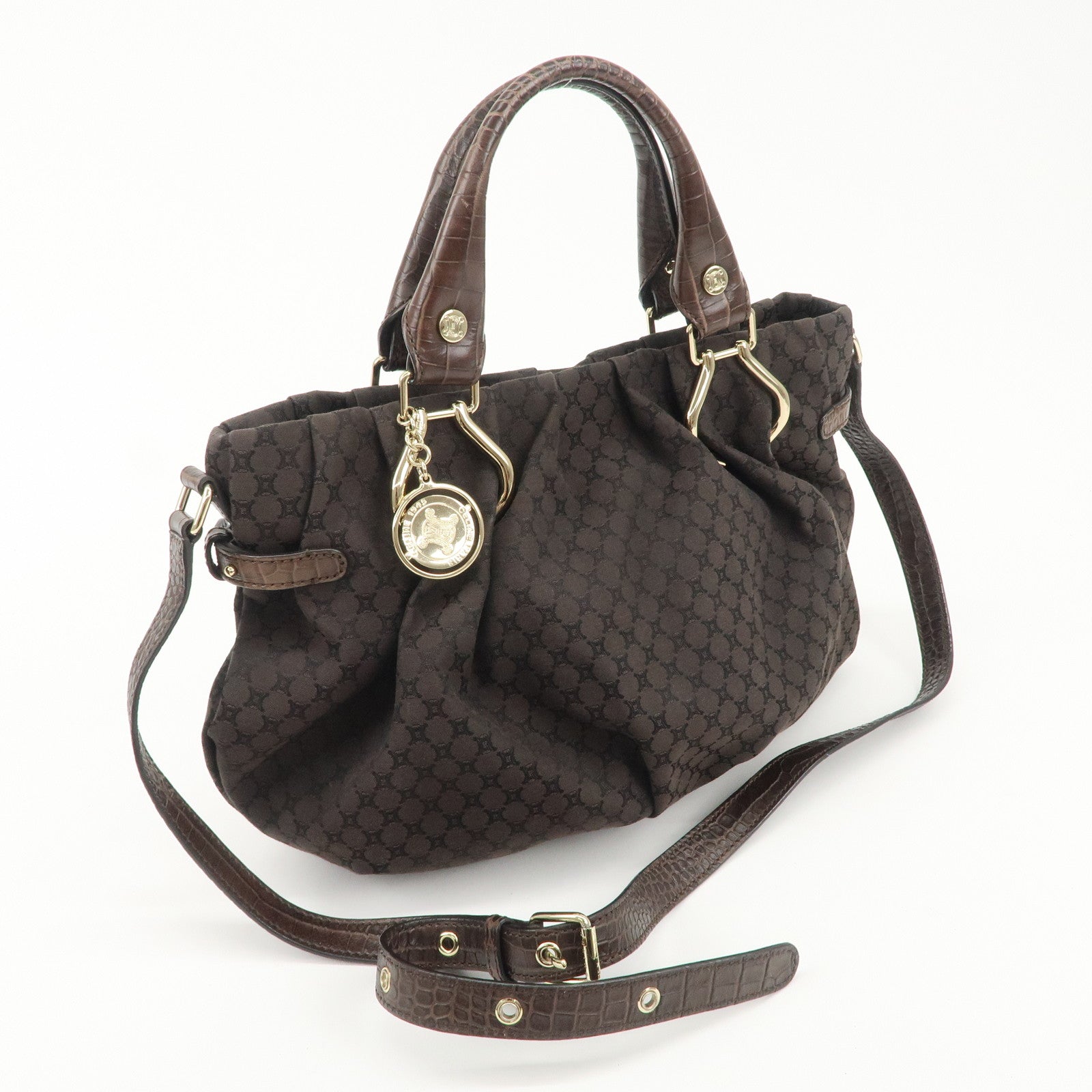 CELINE Macadam Canvas Leather 2Way Bag Gold Charm Dark Brown Used